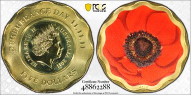2011 $5 Remembrance Day Colorized MS68