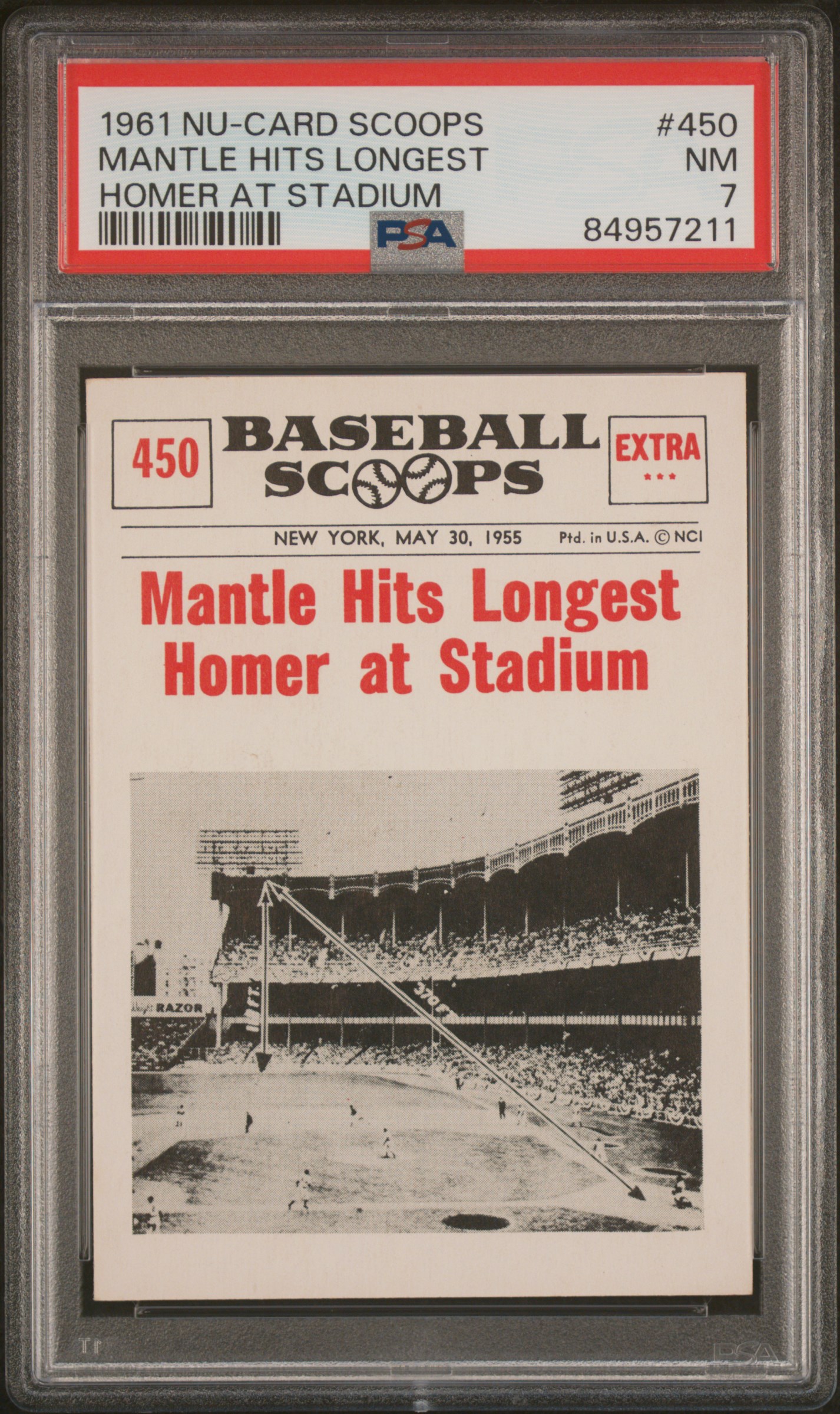 1961 NU-CARD SCOOPS #450 MANTLE HITS LONGEST HOMER AT STADIUM