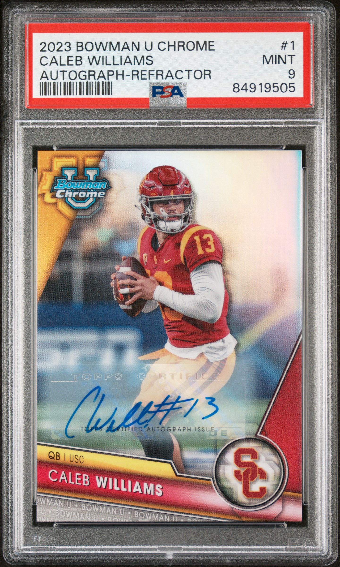 2023 BOWMAN UNIVERSITY CHROME #1 CALEB WILLIAMS AUTOGRAPH-REFRACTOR