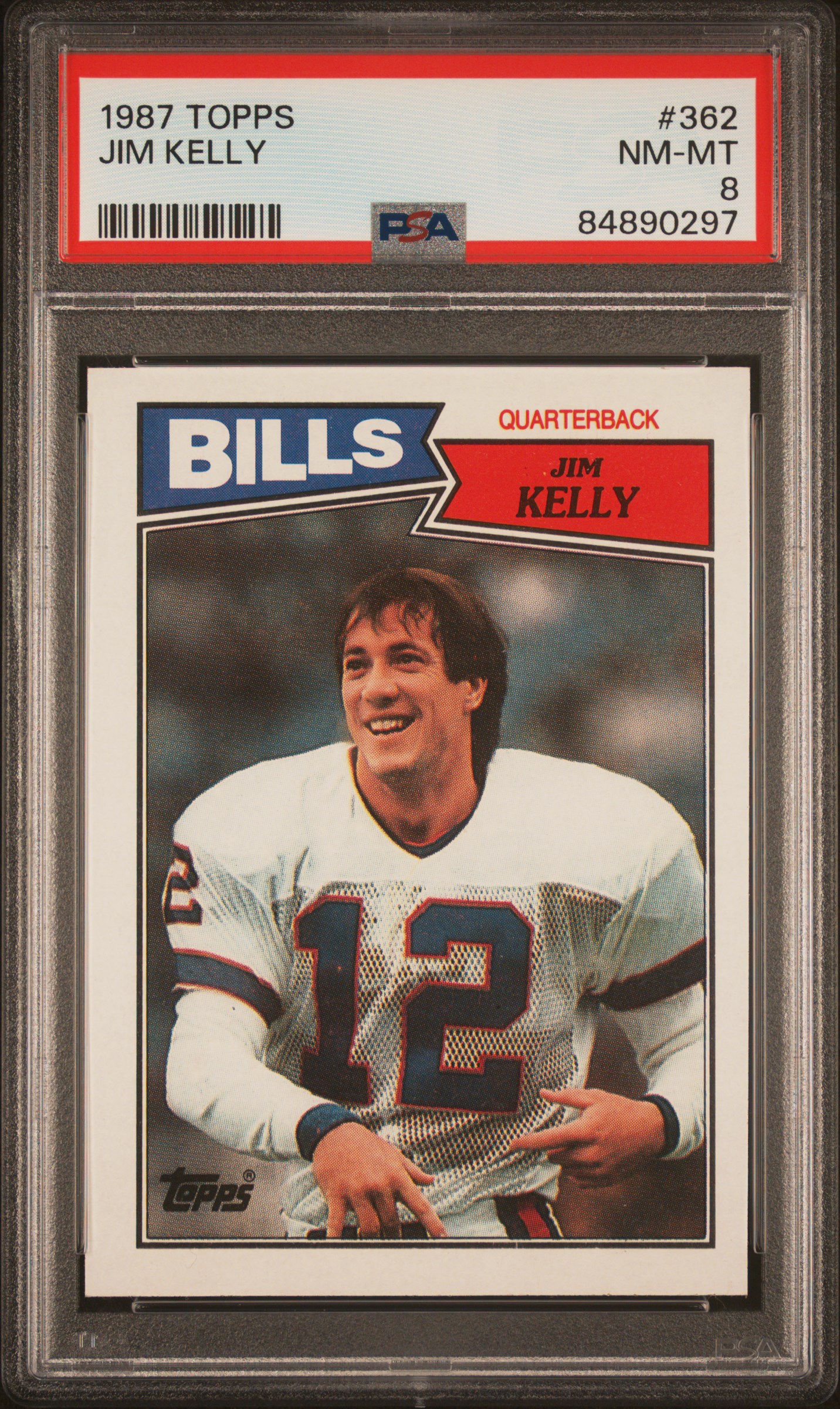 1987 Topps #362 Jim Kelly – PSA NM-MT 8