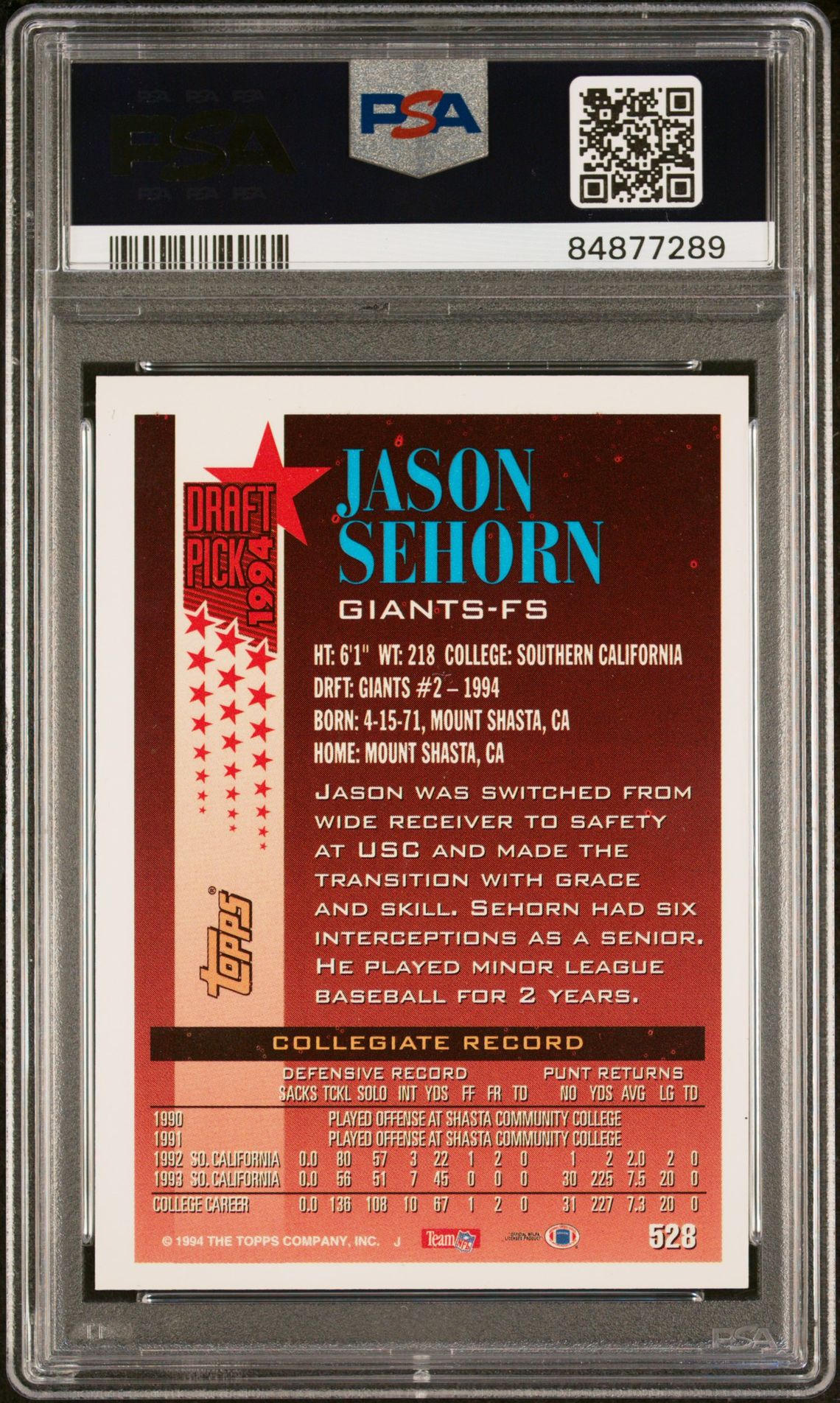 1994 Topps Jason Sehorn #528 Mint 9 back