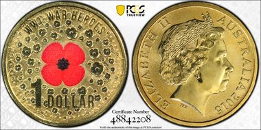 2015 $1 WWI War Heroes-Red Poppy Colorized MS69