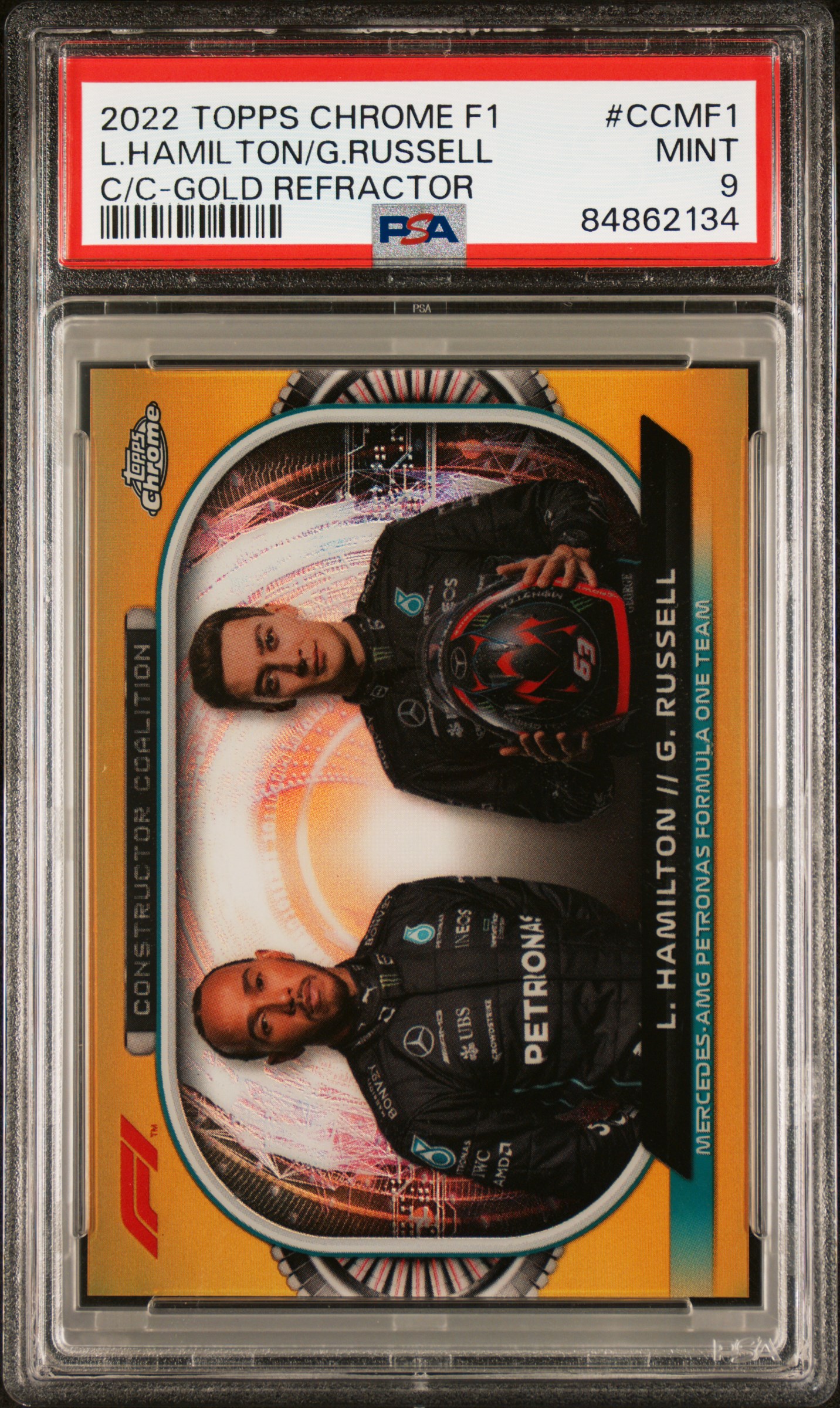 2022 TOPPS CHROME FORMULA 1 CONSTRUCTORS COALITION #CCMF1 L.HAMILTON/G.RUSSELL C/C-GOLD REFRACTOR