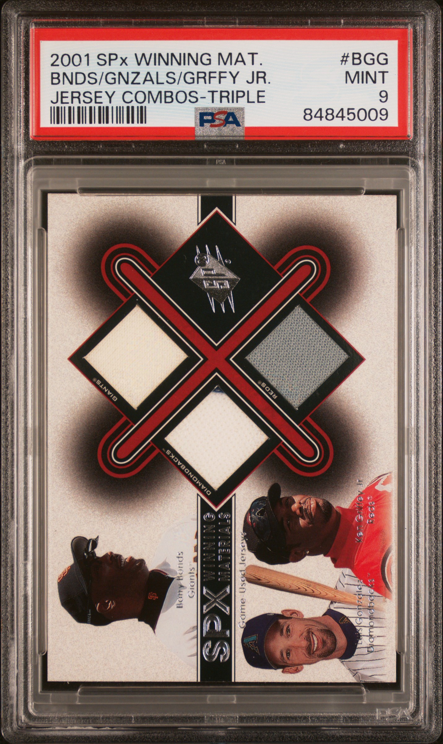 2001 SPx WINNING MATERIALS JERSEY COMBOS-TRIPLE #BGG BNDS/GNZALS/GRFFY JR. JERSEY COMBOS-TRIPLE