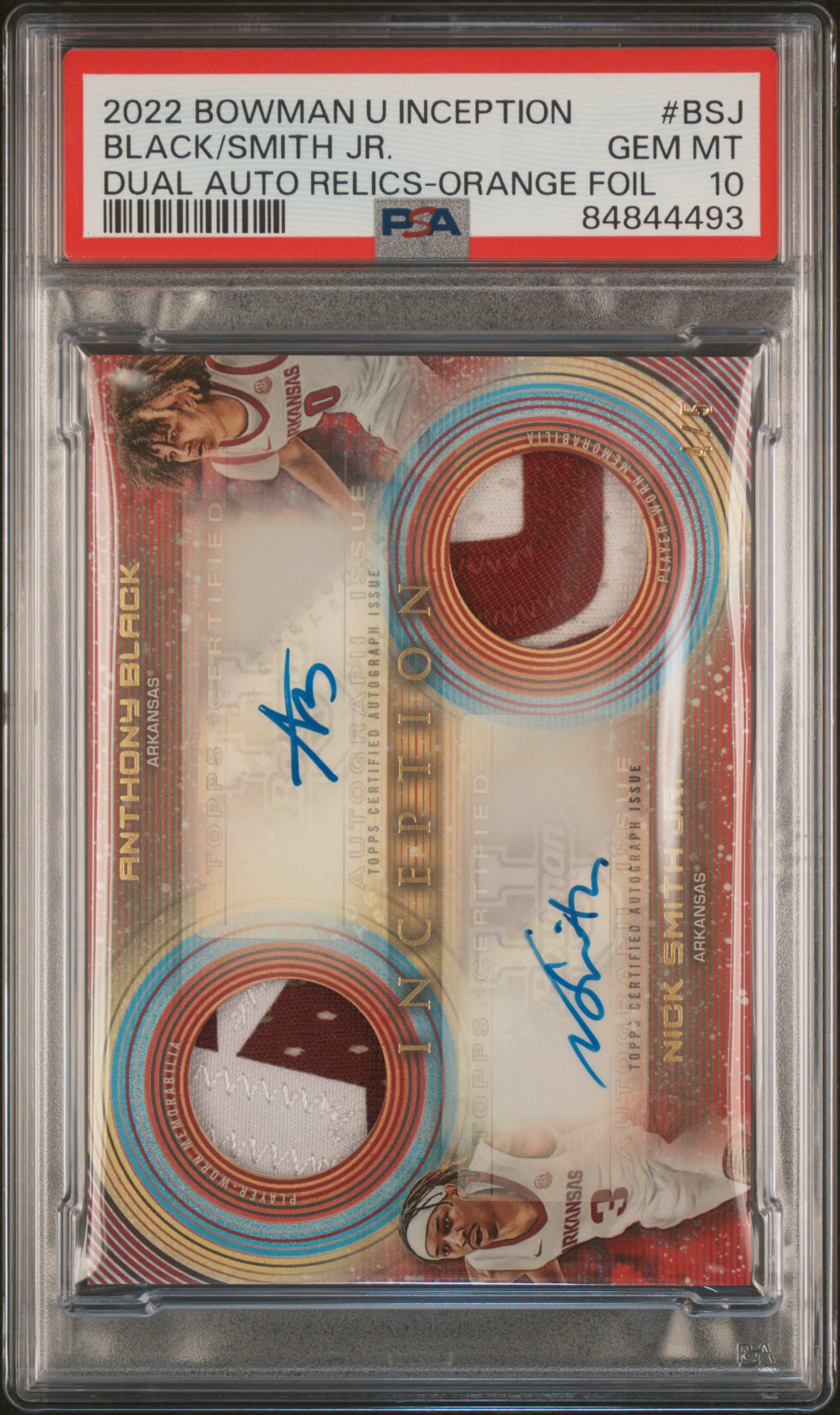 2022 BOWMAN UNIVERSITY INCEPTION DUAL AUTOGRAPH RELICS #BSJ BLACK/SMITH JR. DUAL AUTO RELICS-ORANGE FOIL