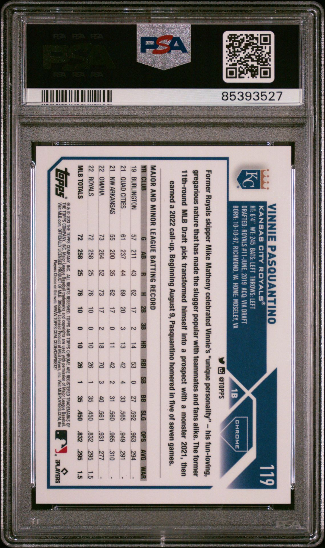 2023 Topps Chrome Vinnie Pasquantino #119 (Orange Wave Refractor) Gem Mt 10 back