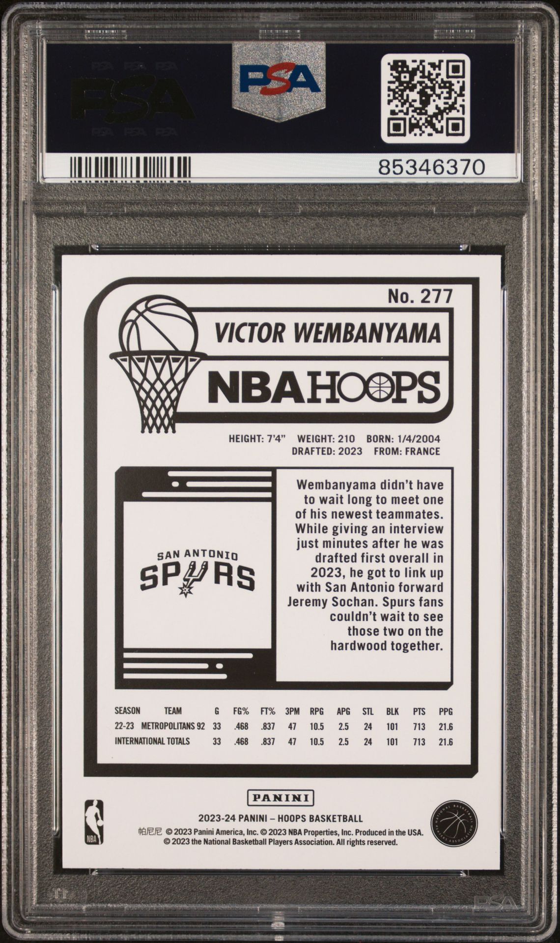 2023 Panini Nba Hoops Victor Wembanyama #277 Gem Mt 10 back