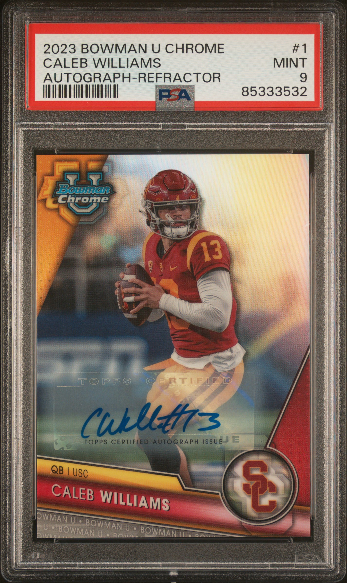 2023 BOWMAN UNIVERSITY CHROME #1 CALEB WILLIAMS AUTOGRAPH-REFRACTOR