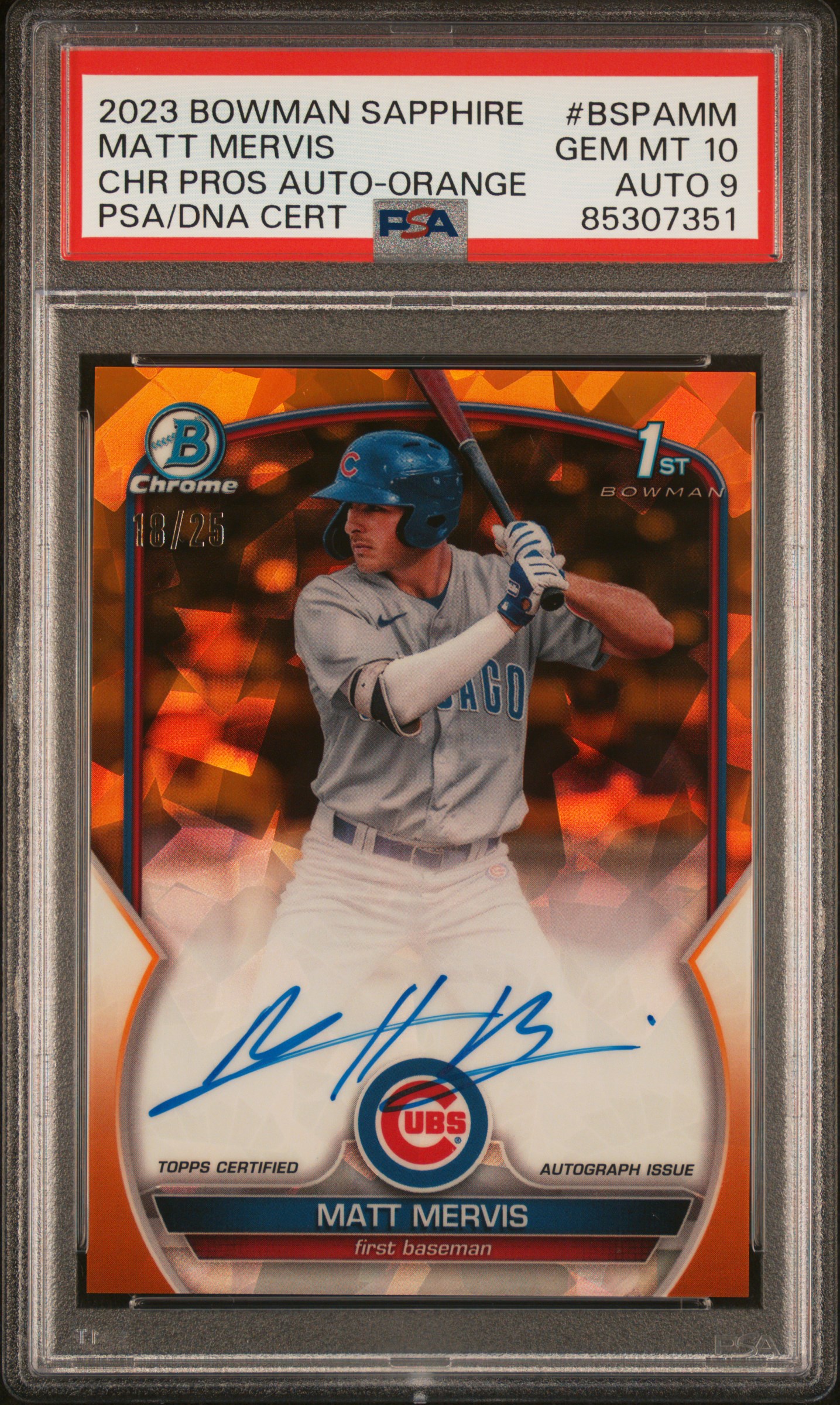 2023 Bowman Sapphire Edition Chrome Prospects Autographs Orange #BSPA-MM Matt Mervis Signed Rookie Card (#18/25) – PSA GEM MT 10, PSA/DNA MINT 9