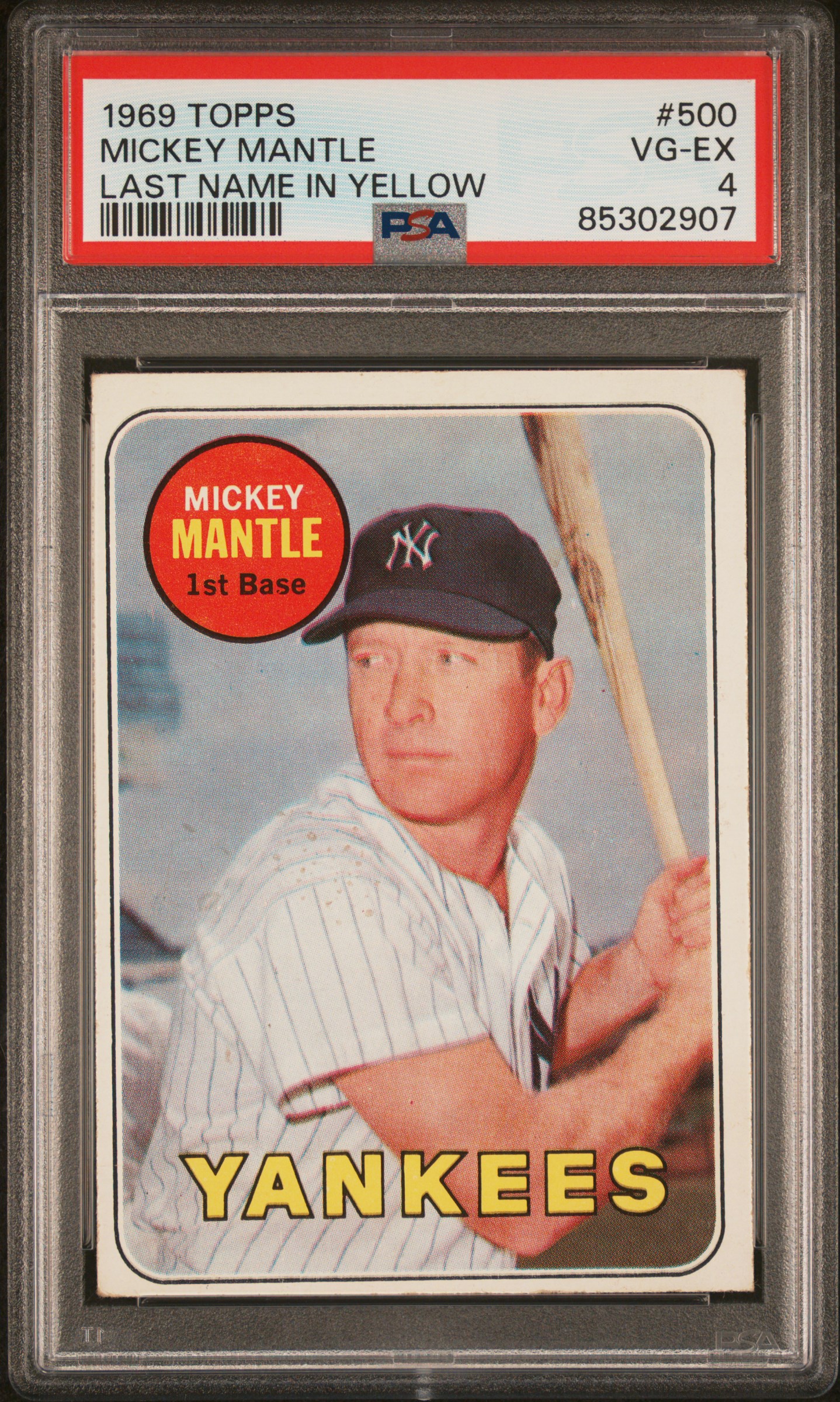 1969 Topps #500 Mickey Mantle, Last Name In Yellow – PSA VG-EX 4