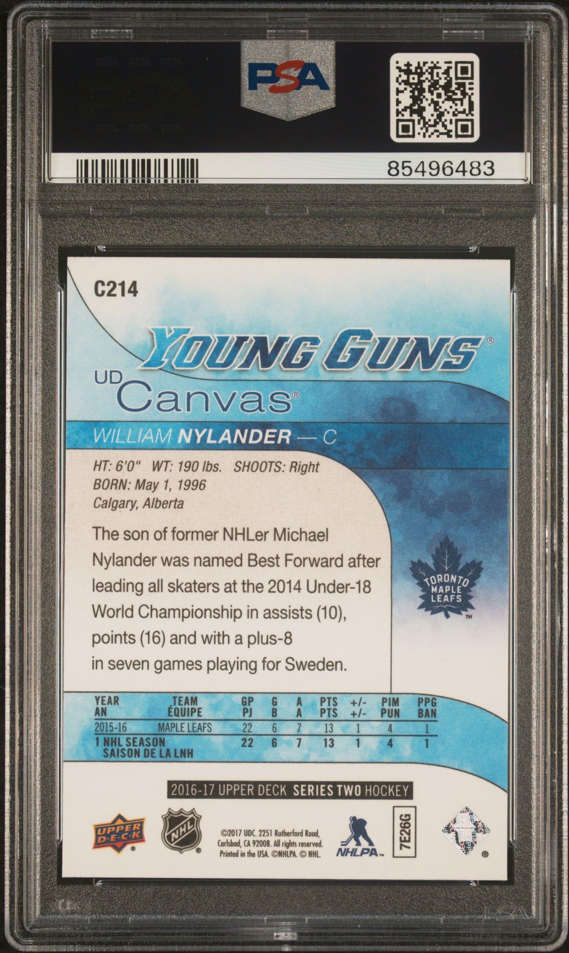 2016 Upper Deck Canvas William Nylander #C214 Gem Mt 10 back