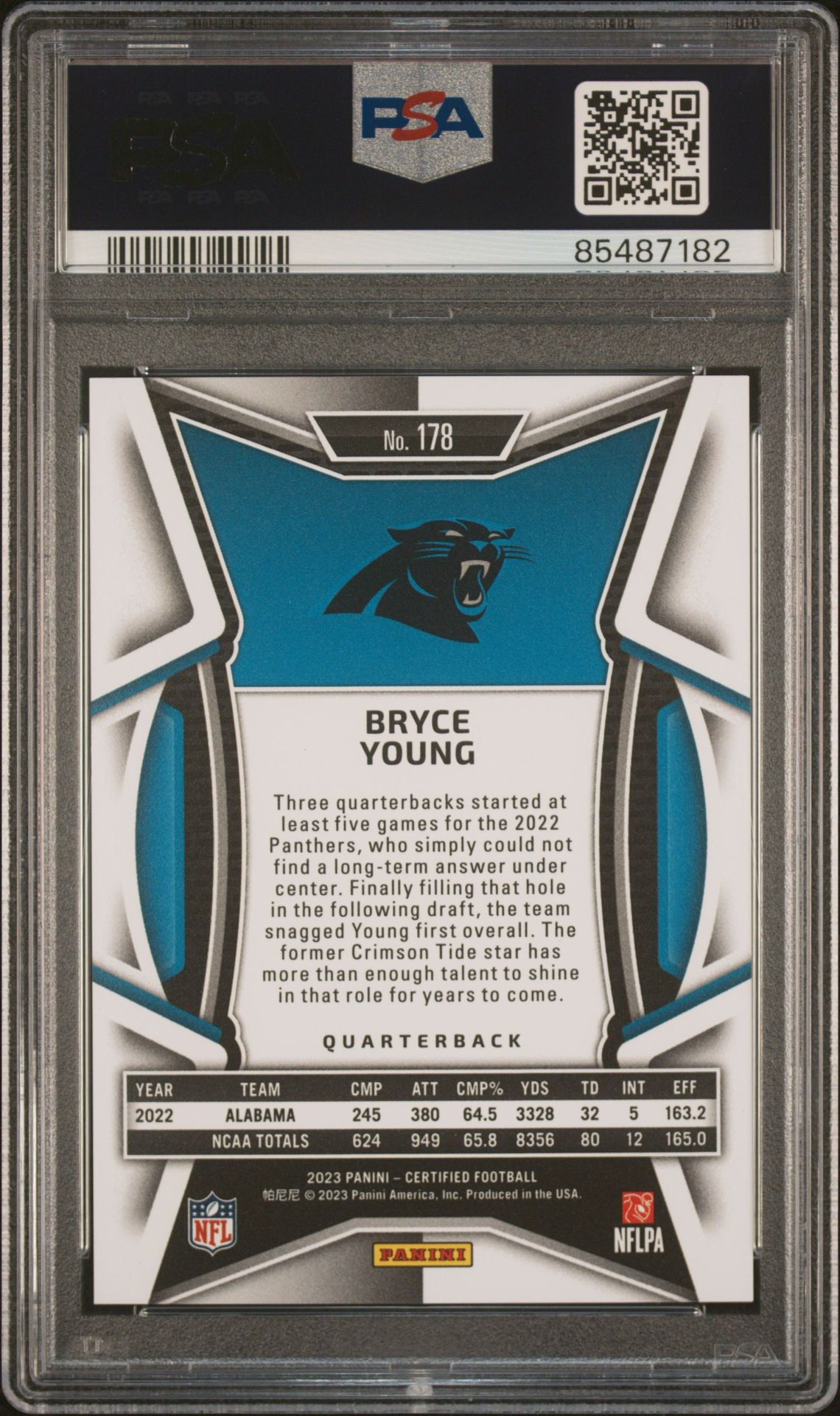 2023 Panini Certified Bryce Young #178 (Mirror Gold) Gem Mt 10 back