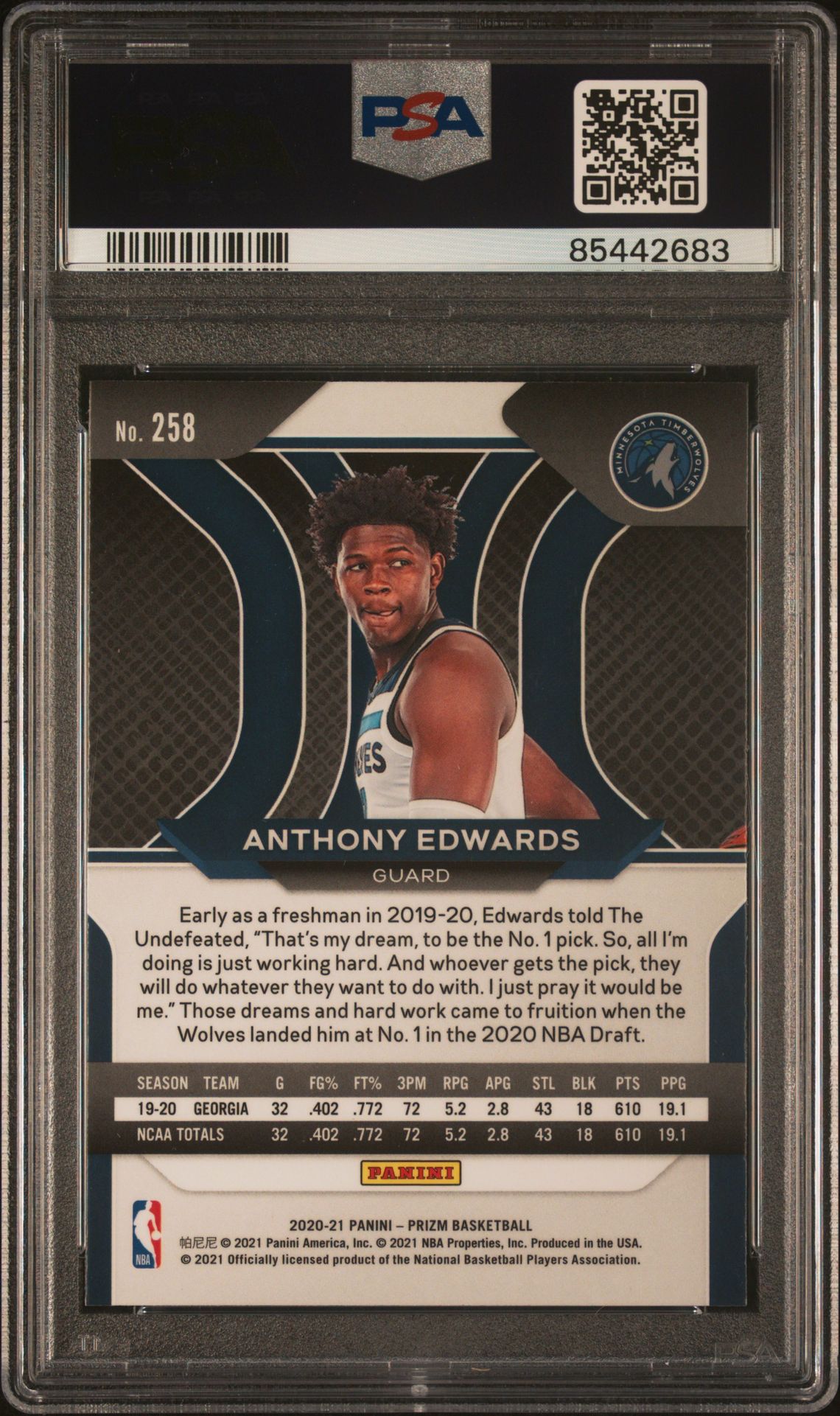 2020 Panini Prizm Anthony Edwards #258 Mint 9 back