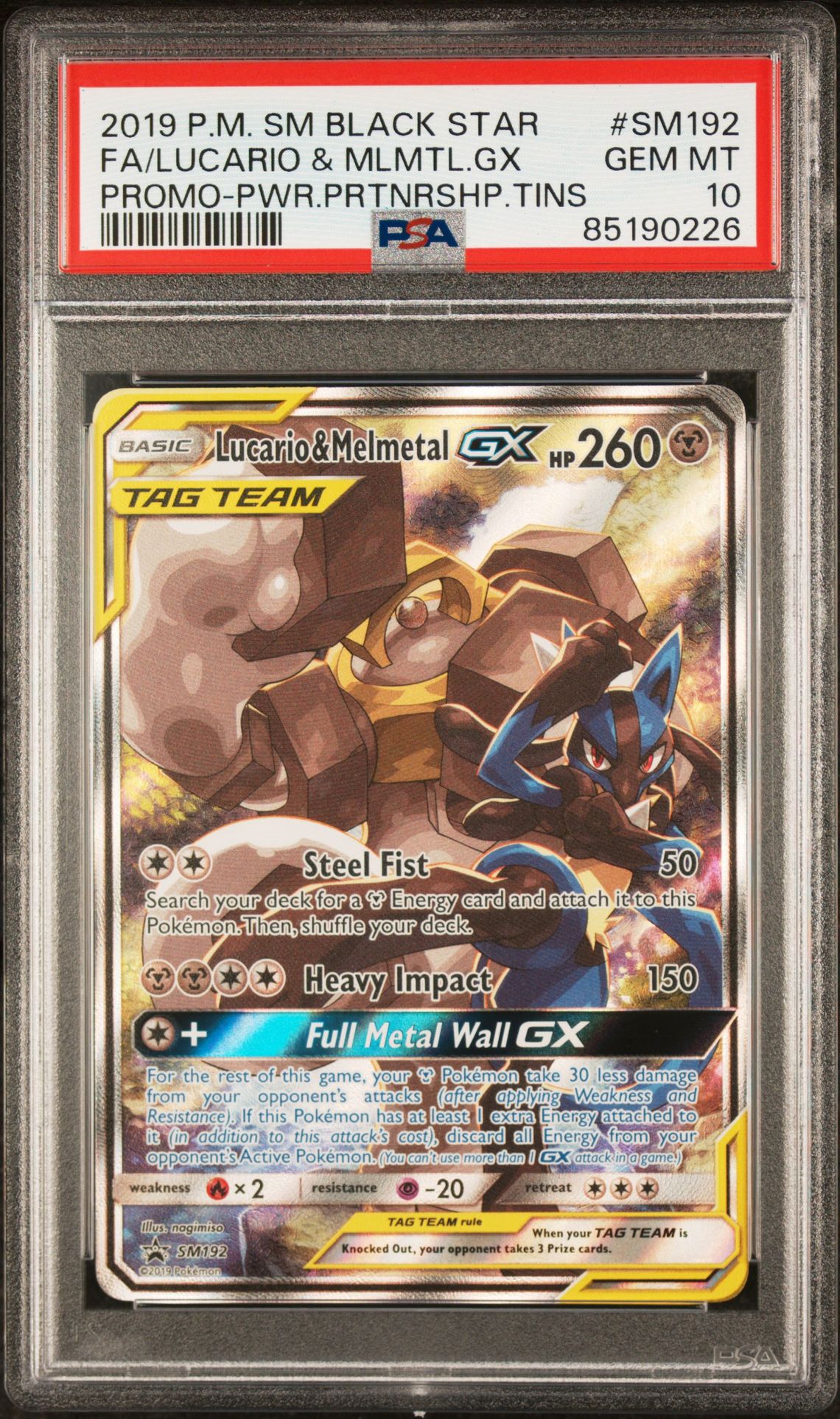 2019 Pokemon Sm Black Star Promo Fa/Lucario & Mlmtl.gx #Sm192 (Promo-Pwr.prtnrshp.tins) Gem Mt 10 front