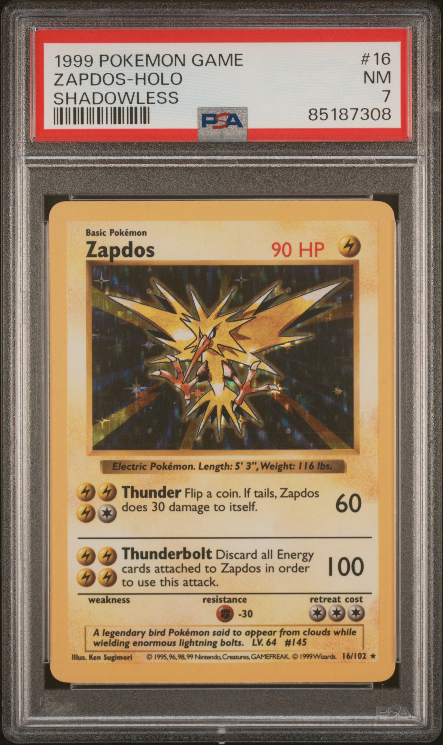 1999 POKEMON GAME #16 ZAPDOS-HOLO SHADOWLESS