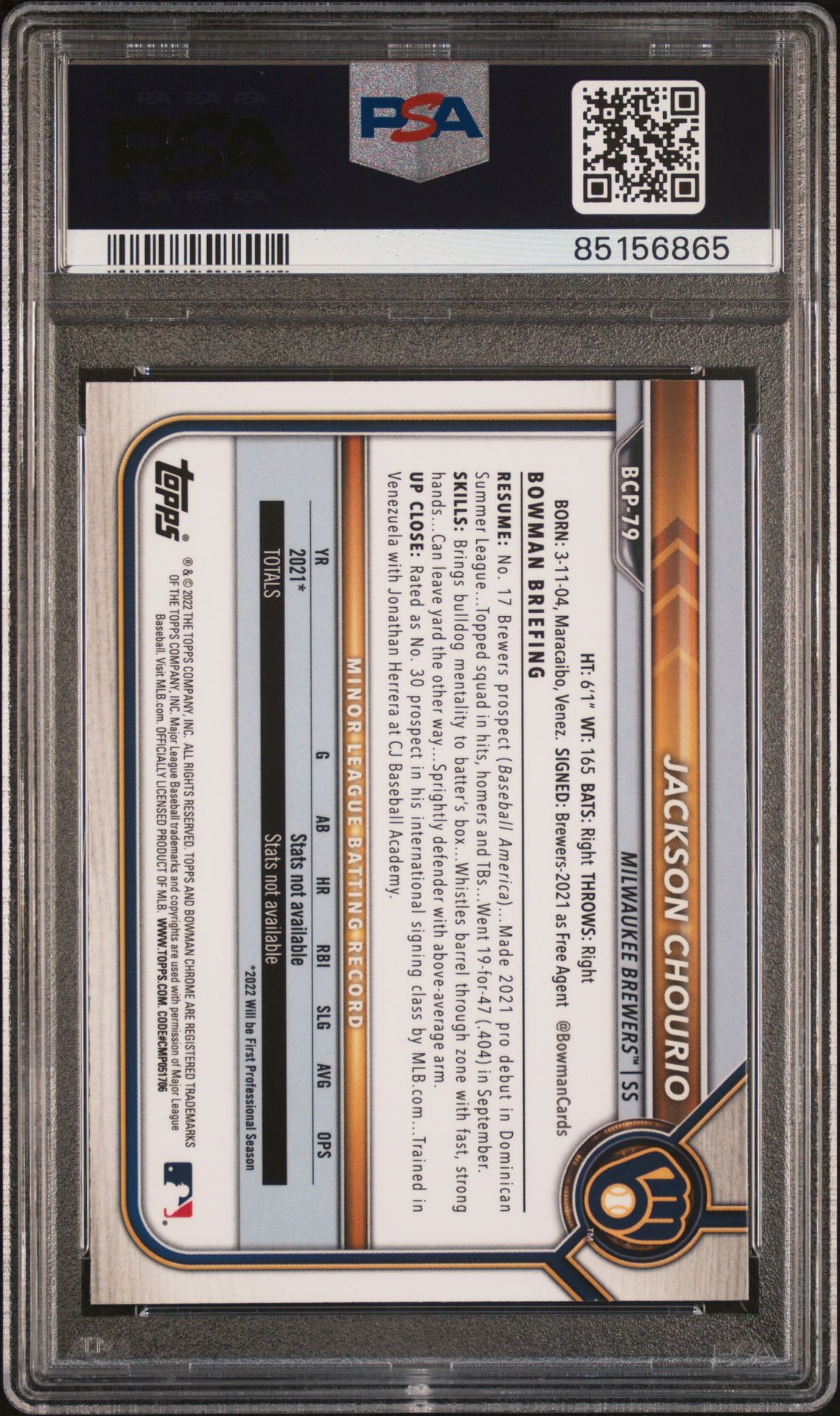 2022 Bowman Chrome Prospects Jackson Chourio #Bcp79 (Chrome Prospects) Gem Mt 10 back