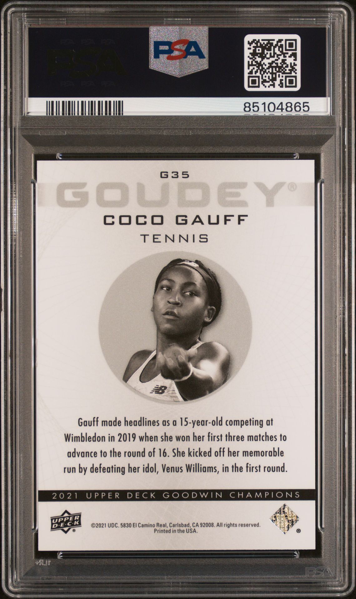 2021 Upper Deck Goodwin Champions Goudey Platinum Coco Gauff #G35 (Goudey Plat-Cosmic) Gem Mt 10 back view - PSA certificate #85104865