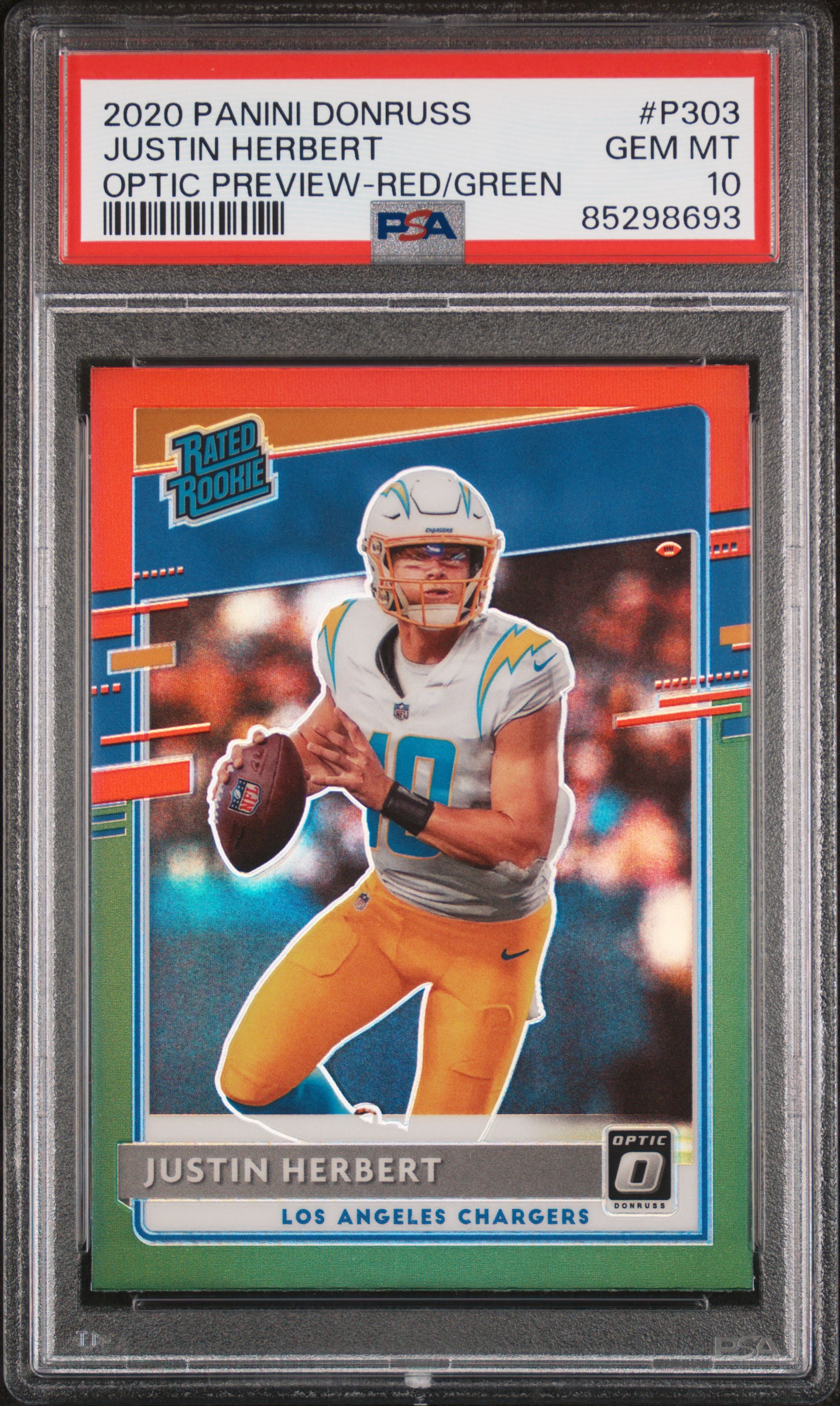 2020 Panini Donruss Justin Herbert #P303 (Optic Preview-Red / Green) Gem Mt 10 back