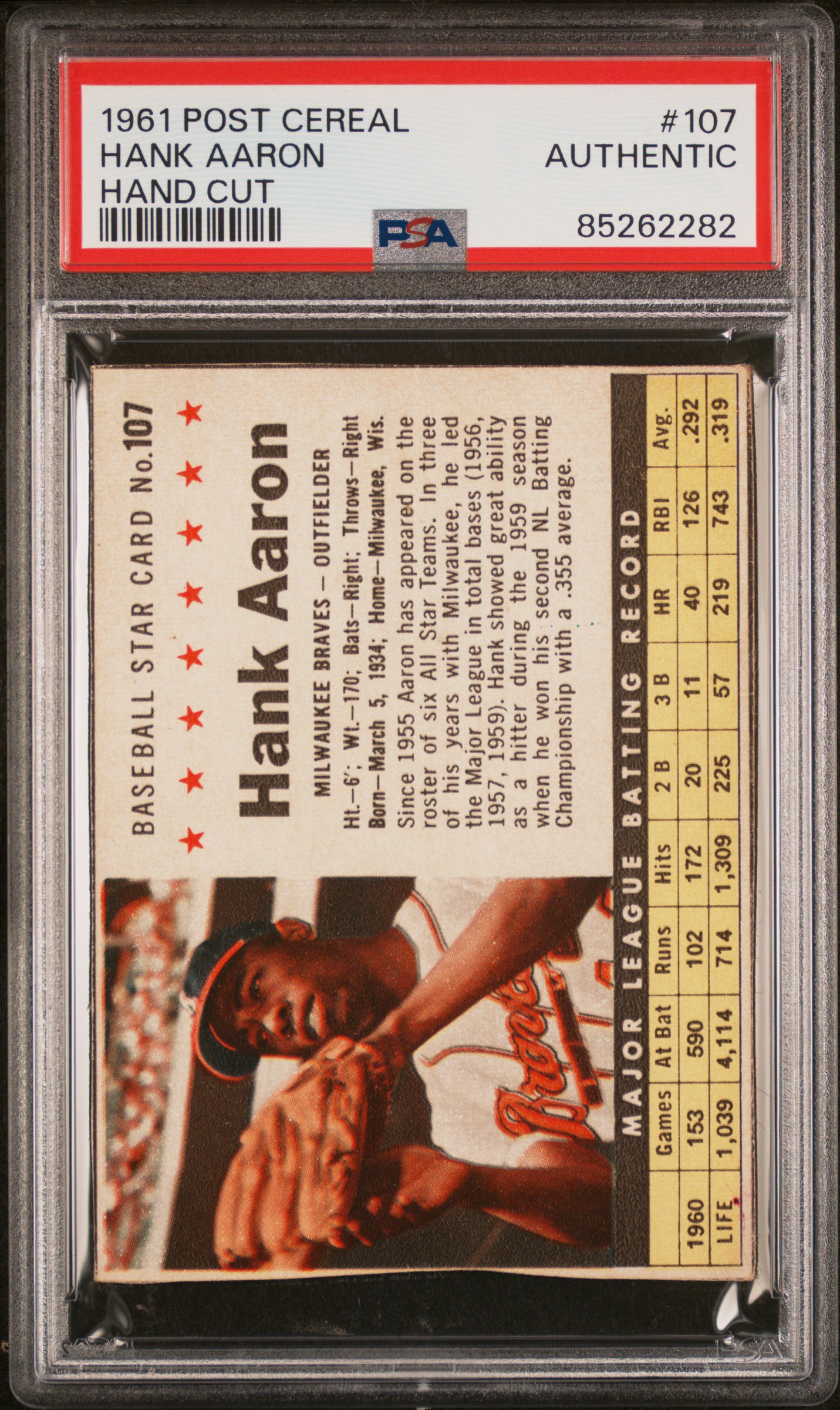 1961 POST CEREAL #107 HANK AARON HAND CUT