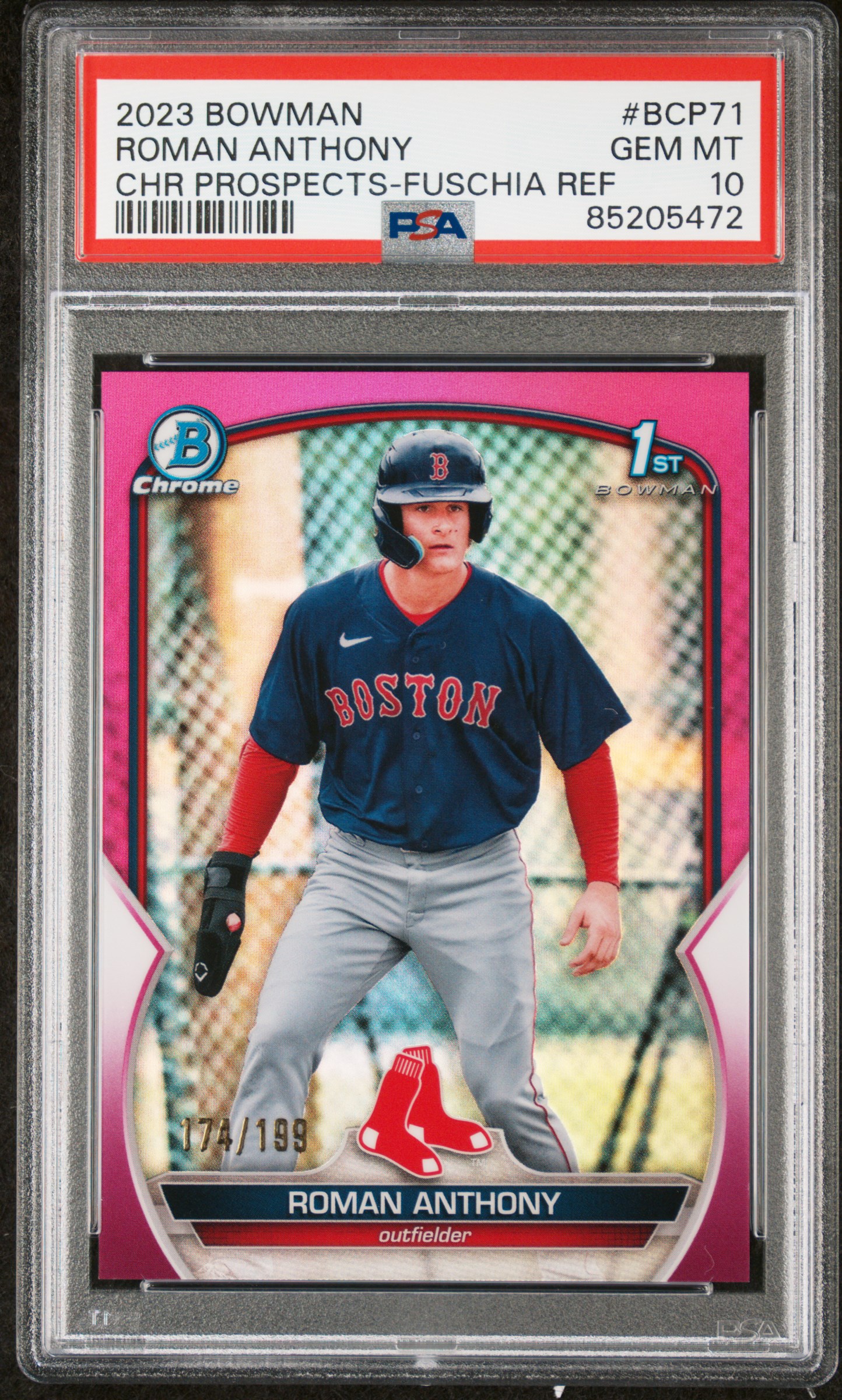 2023 Bowman Chrome Prospects Fuchsia Refractor #BCP71 Roman Anthony (#174/199) – PSA GEM MT 10