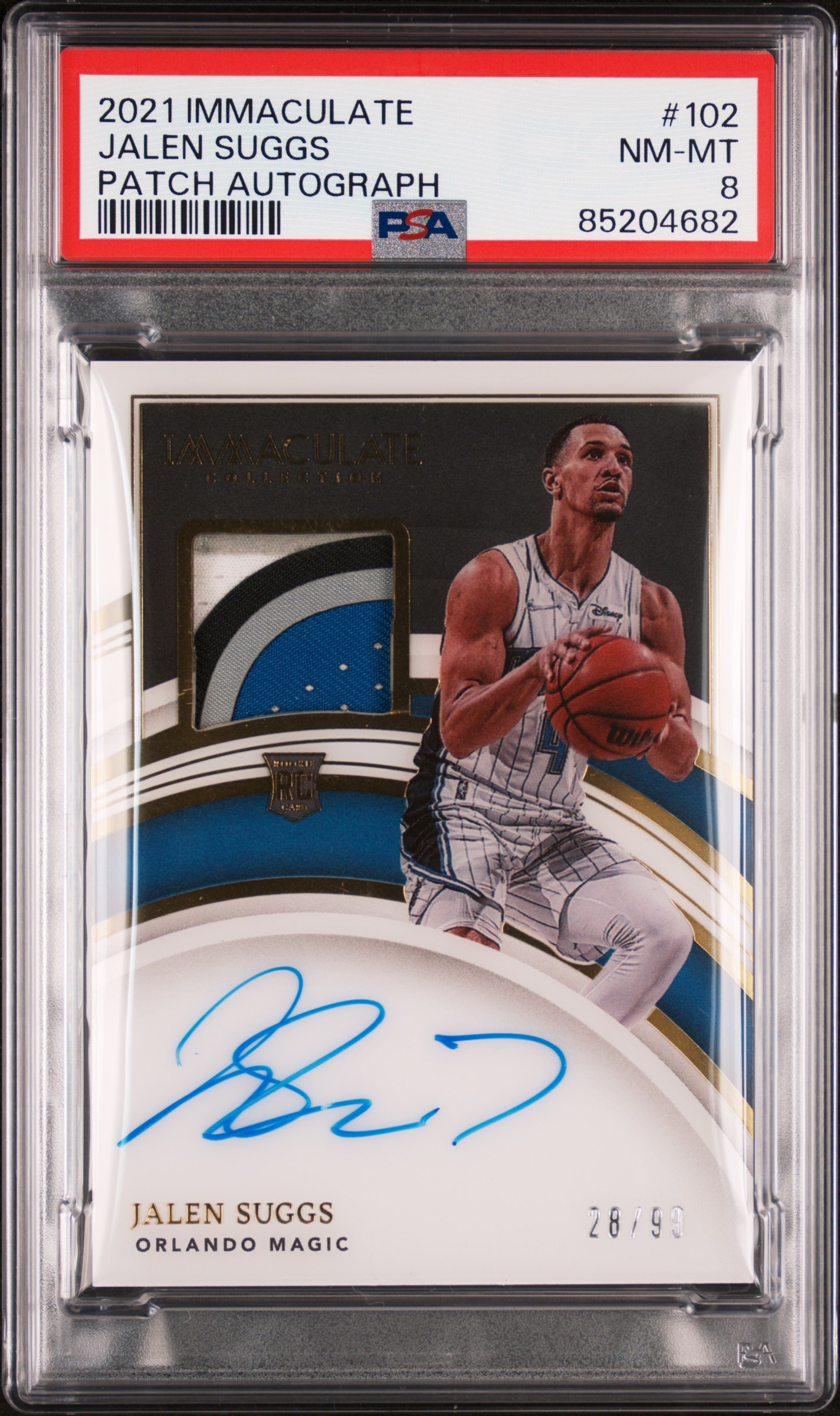 2021-22 Panini Immaculate Collection Patch Autograph #102 Jalen Suggs Signed Patch Rookie Card (#28/99) – PSA NM-MT 8