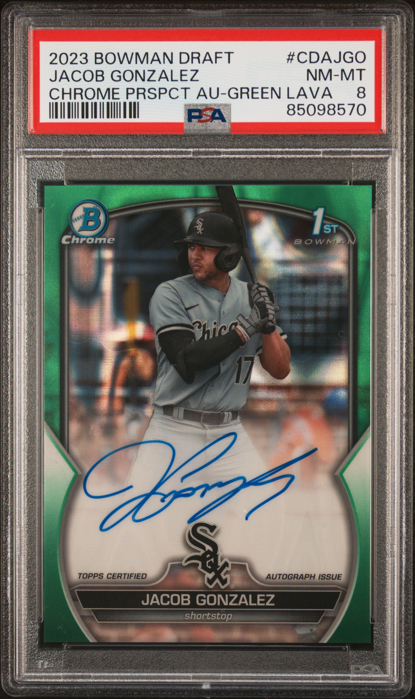 2023 Bowman Draft Chrome Prospect Autograph Green Lava #CDAJGO Jacob Gonzalez Signed 1st Bowman (#39/99) – PSA NM-MT 8