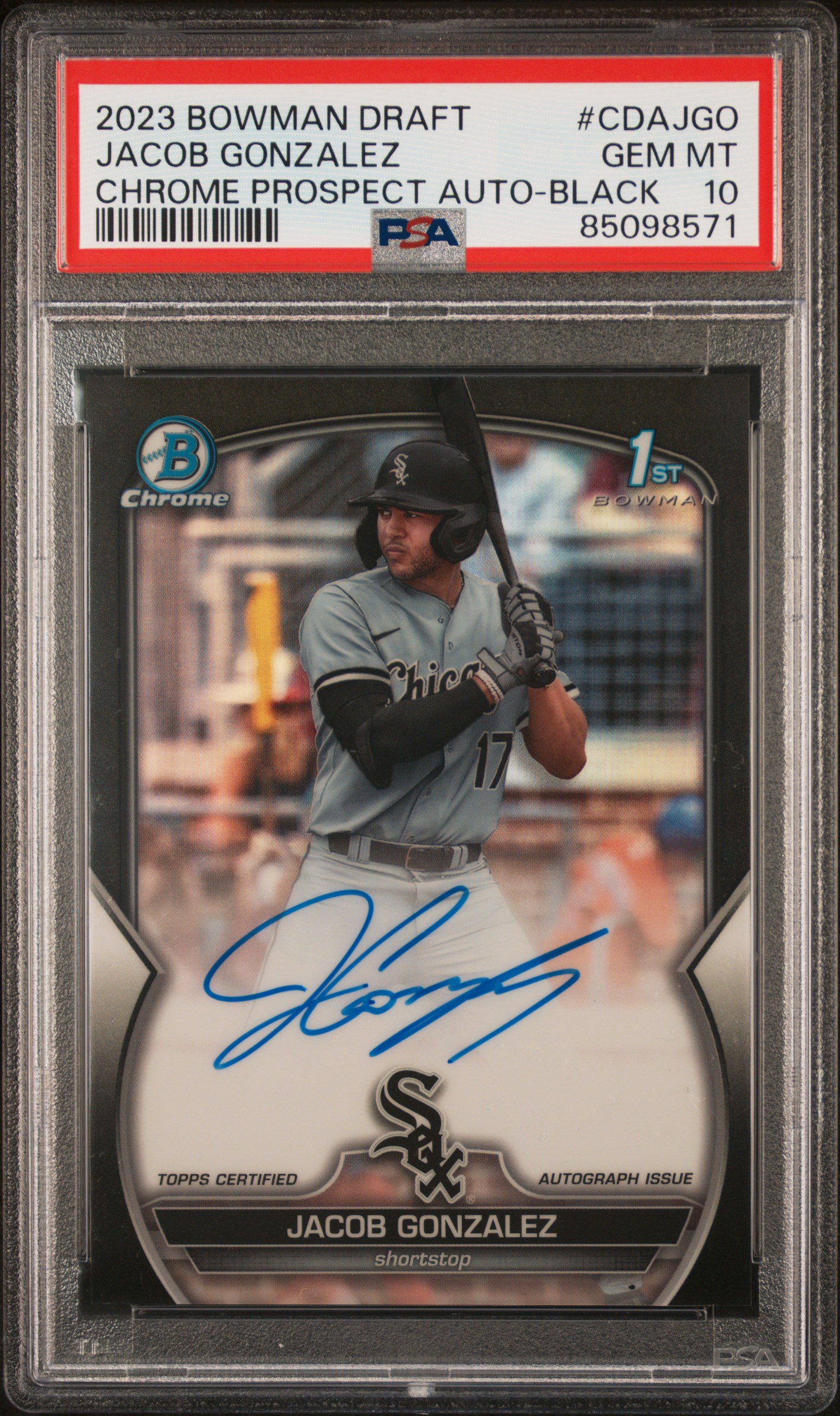 2023 Bowman Draft Chrome Prospect Autograph Black #CDA-JGO Jacob Gonzalez Signed Rookie Card (#35/75) – PSA GEM MT 10