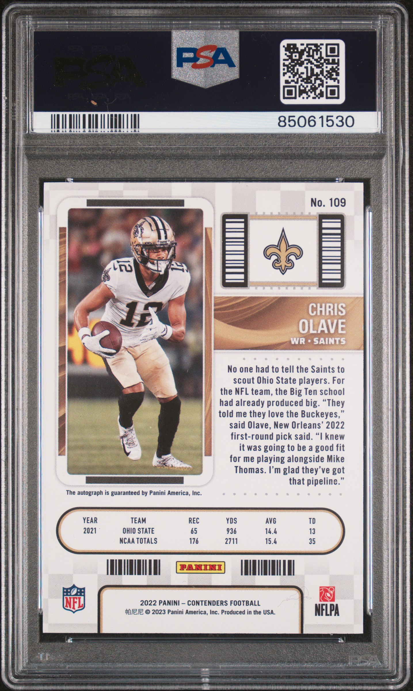 2022 Panini Zenith Contenders Rookie Ticket Rps Preview Autograph Chris Olave #109 (Cont.r/T Rps Pv.au-Green) back