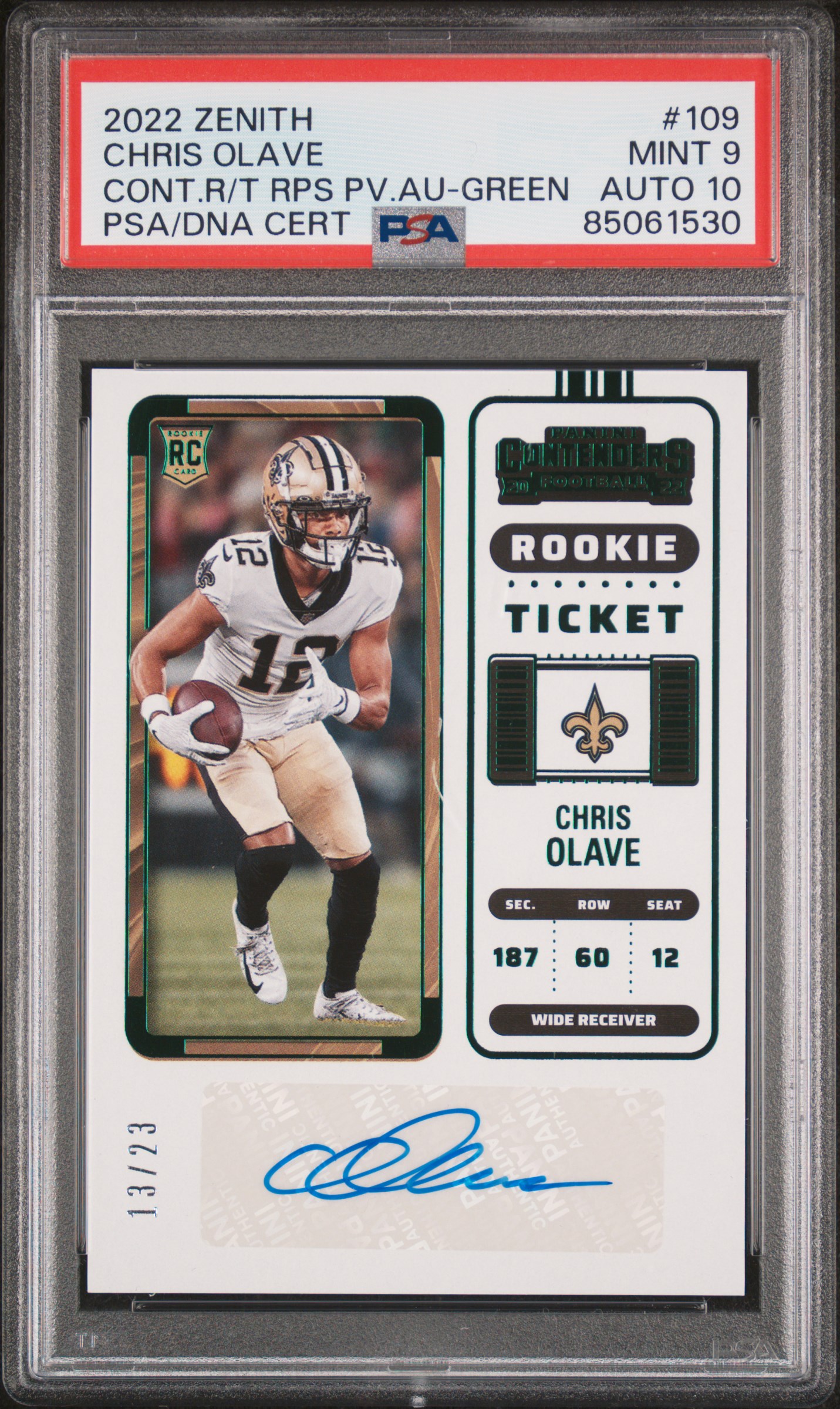 2022 Panini Zenith Contenders Rookie Ticket Rps Preview Autograph Chris Olave #109 (Cont.r/T Rps Pv.au-Green) front