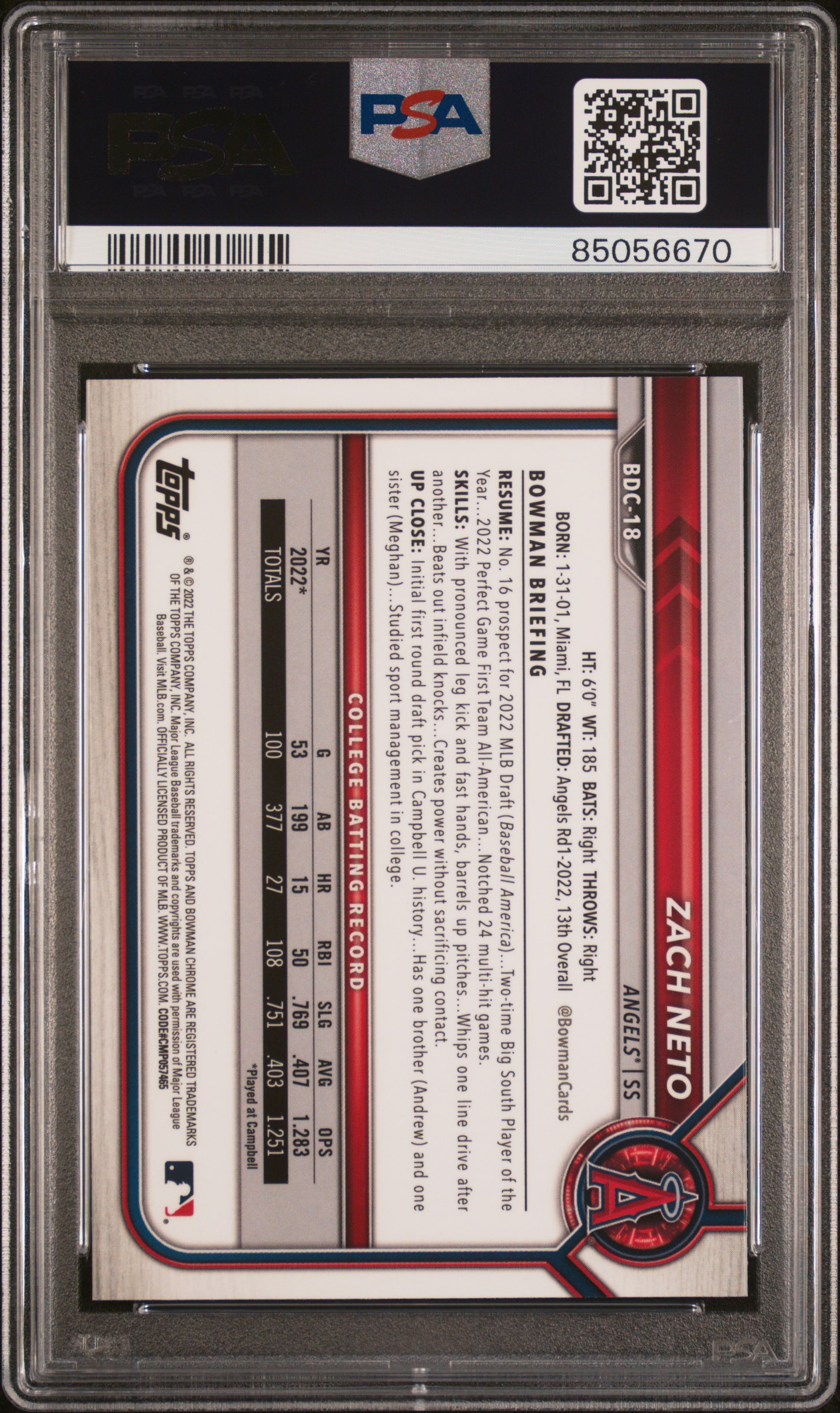 2022 Bowman Draft Chrome Sapphire Edition Zach Neto #Bdc18 Gem Mt 10 back