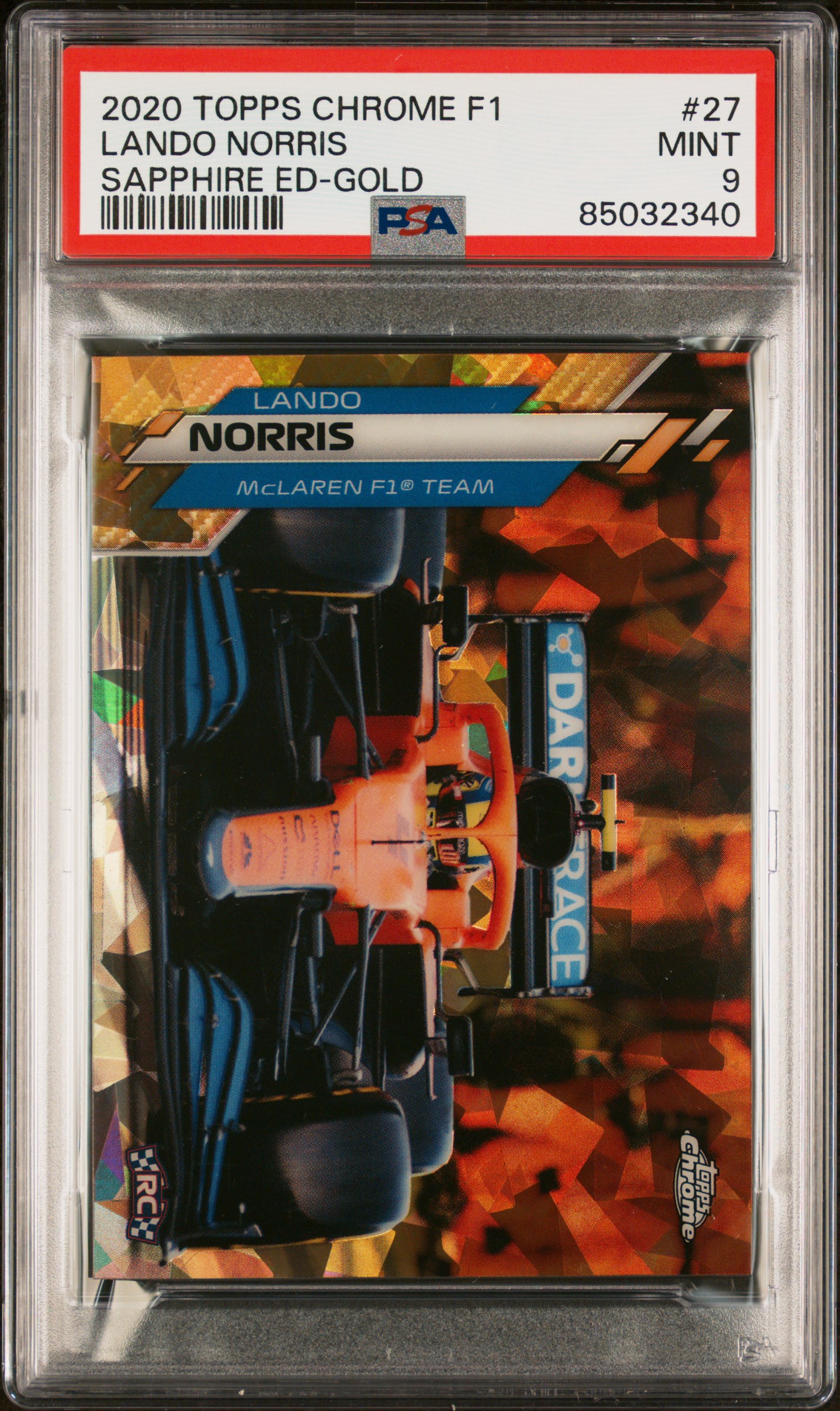 2020 Topps Chrome Formula 1 Sapphire Edition Gold #27 Lando Norris Rookie Card (#29/50) – PSA MINT 9