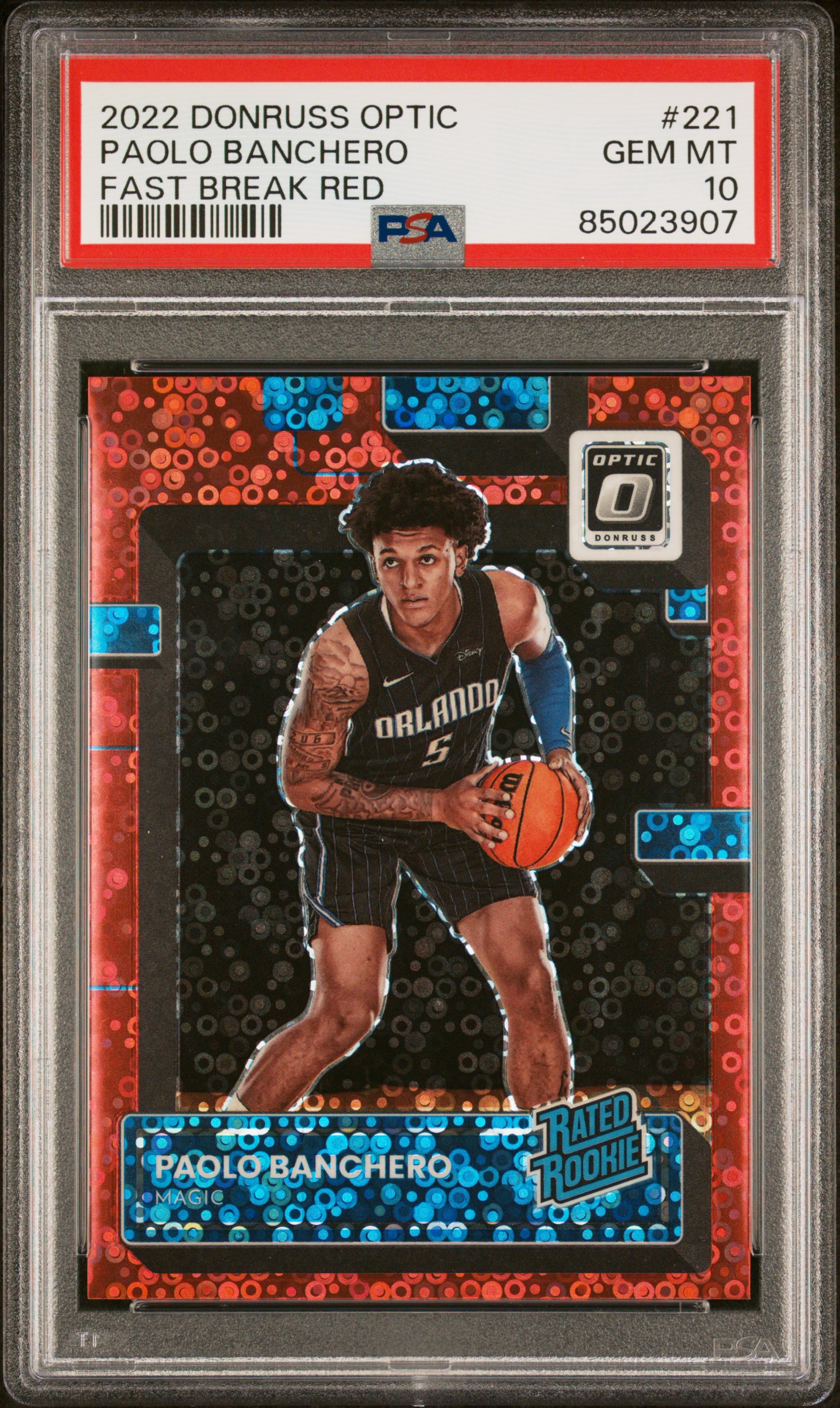 2022-23 Panini Donruss Optic Fast Break Red Rated Rookie #221 Paolo Banchero Rookie Card (#23/75) – PSA GEM MT 10