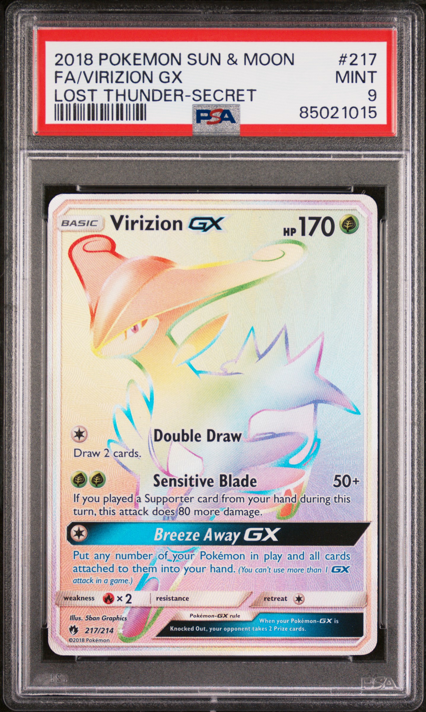 2018 POKEMON SUN & MOON LOST THUNDER #217 FA/VIRIZION GX LOST THUNDER-SECRET