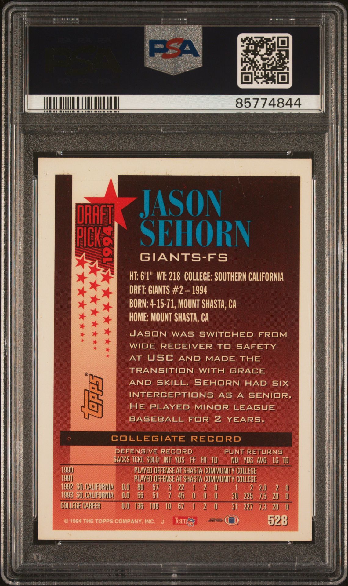 1994 Topps Jason Sehorn #528 (Special Effects) Vg-Ex 4 back