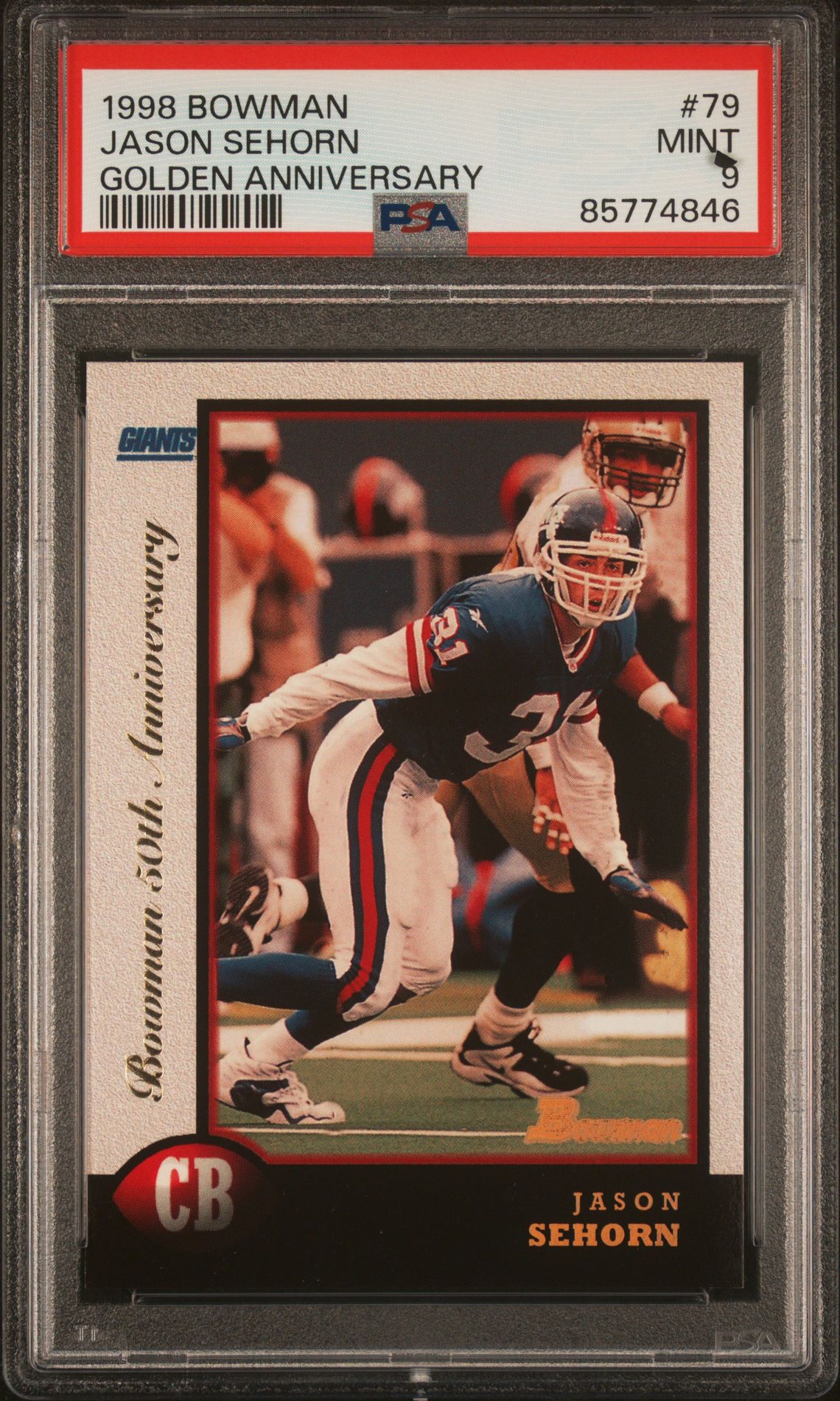 1998 Bowman Jason Sehorn #79 (Golden Anniversary) Mint 9 front