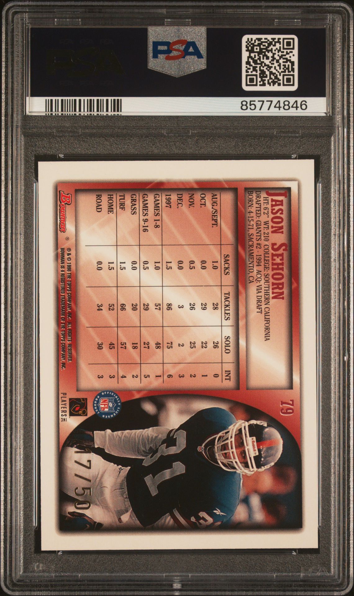 1998 Bowman Jason Sehorn #79 (Golden Anniversary) Mint 9 back