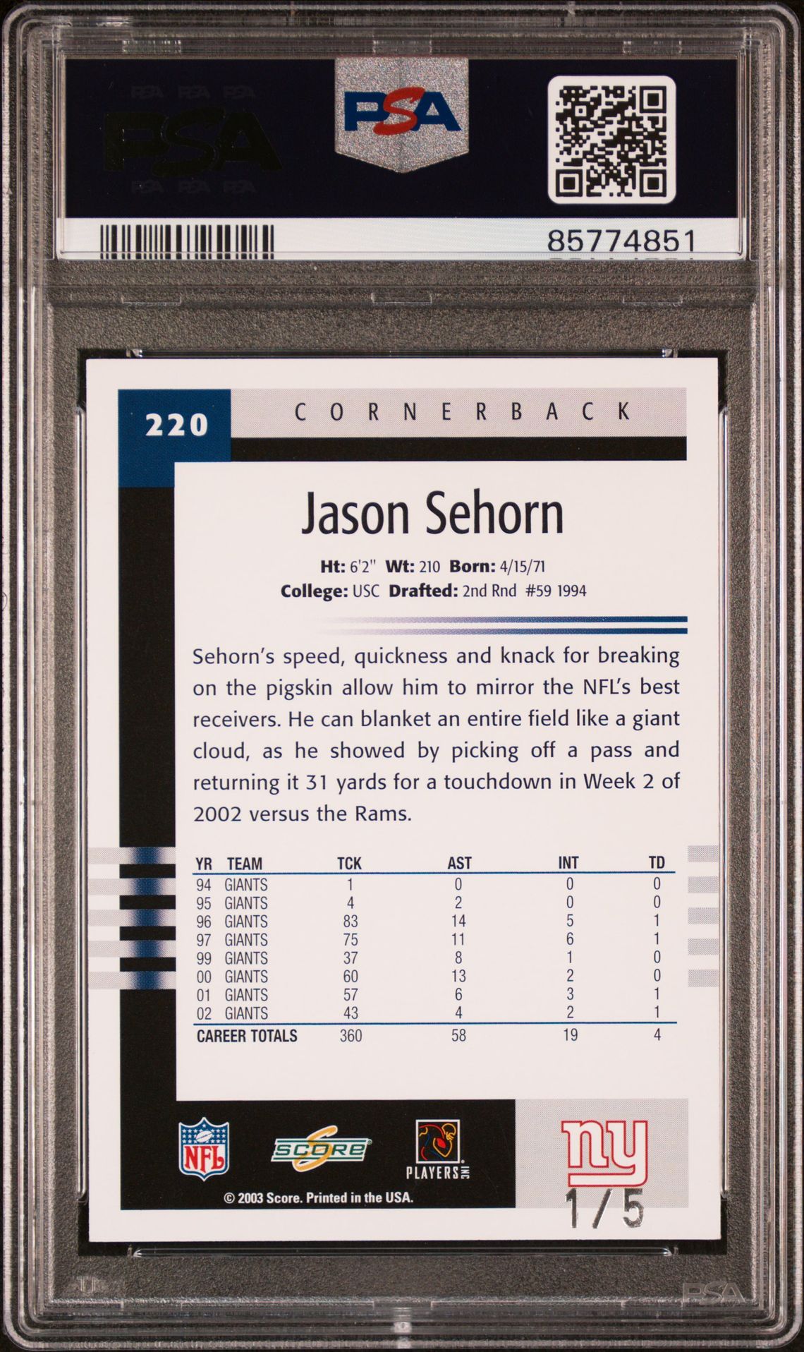 2003 Score Atlantic City National Promos Jason Sehorn #220 Nm-Mt 8 back