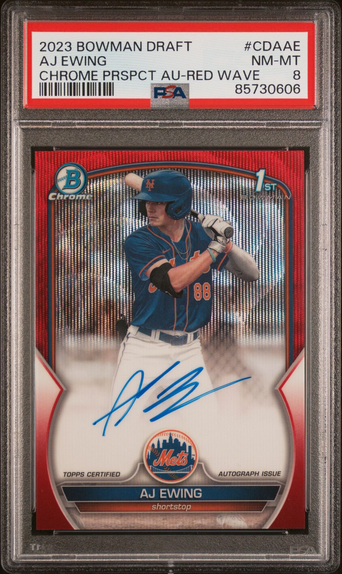 2023 Bowman BOWMAN DRAFT CHROME PROSPECT AUTOGRAPH CHROME PRSPCT AU-RED WAVE #CDAAE Aj Ewing front