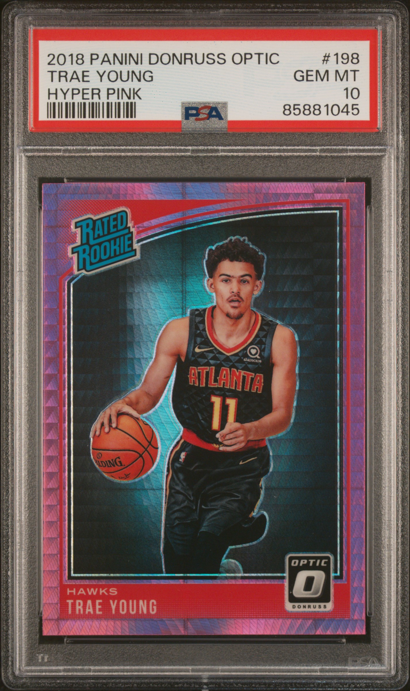 2018-19 Panini Donruss Optic Hyper Pink Rated Rookie #198 Trae Young Rookie Card – PSA GEM MT 10