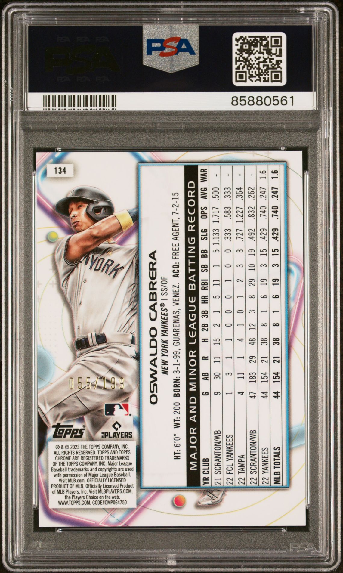 2023 Topps Cosmic Chrome Oswaldo Cabrera #134 (Aqua Equinox Refractor) Gem Mt 10 back