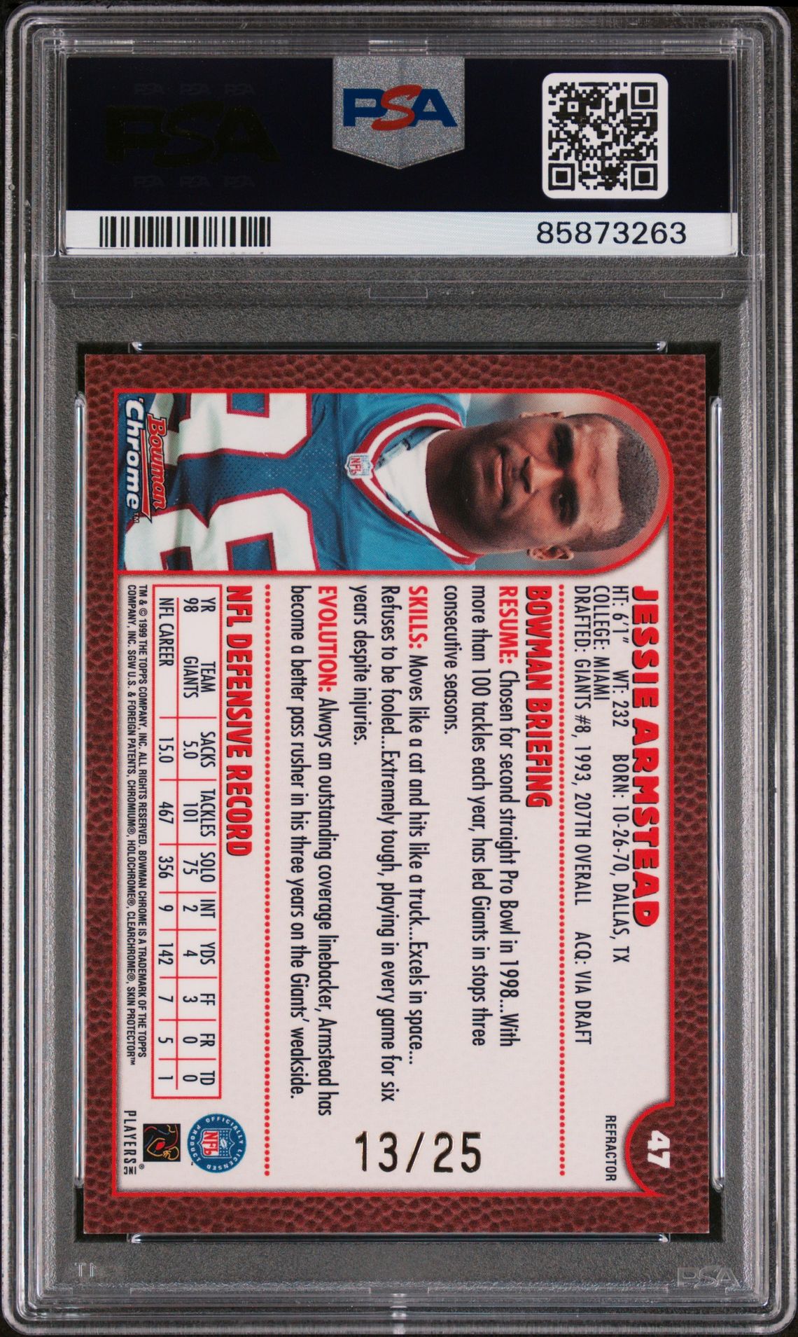 1999 Bowman Chrome Jessie Armstead #47 (Gold Refractor) Nm-Mt 8 back