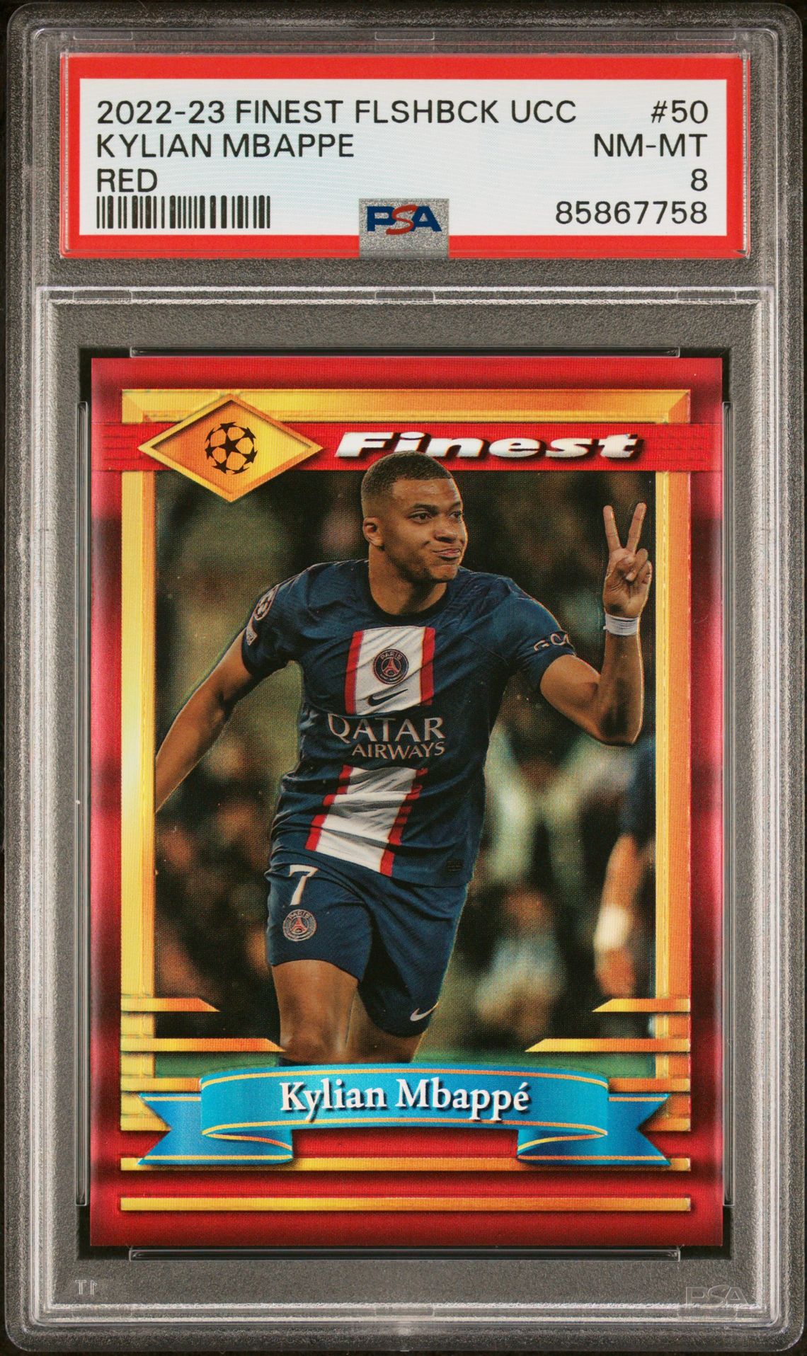 2022-23 Topps TOPPS FINEST FLASHBACKS UEFA CLUB COMPETITIONS RED REFRACTOR #50 Kylian Mbappe front