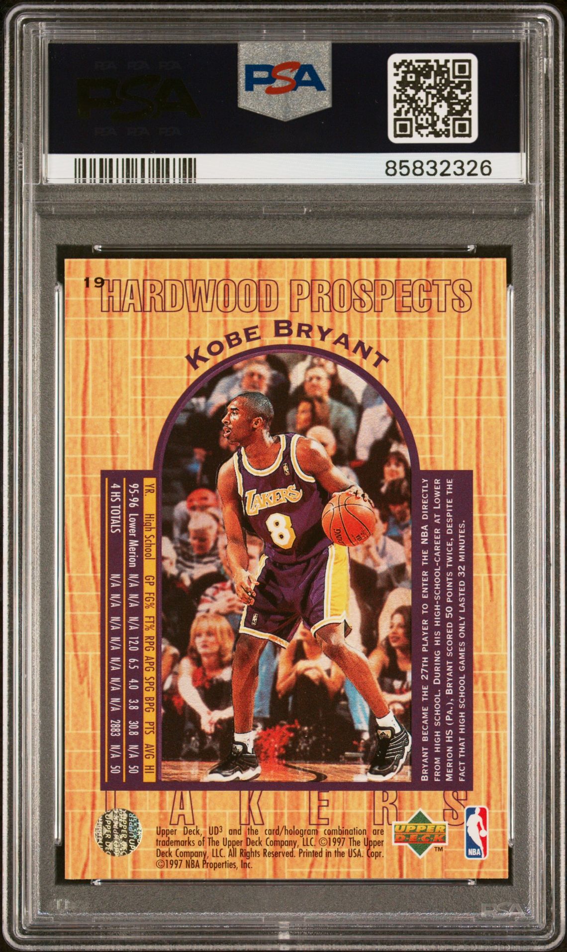 1996 Ud3 Kobe Bryant #19 Mint 9 back
