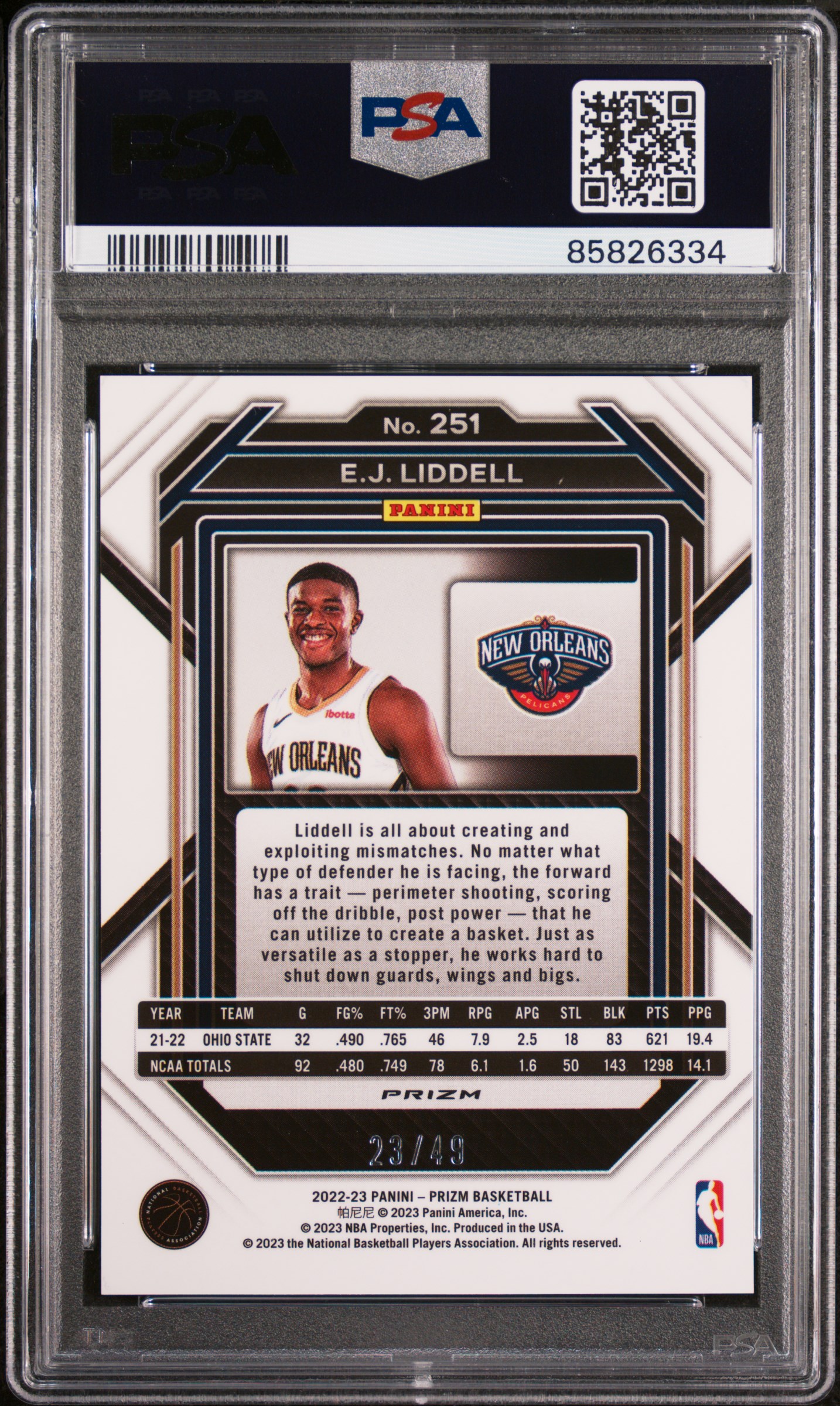 2022 Panini Prizm Ej Liddell #251 (Orange Prizm) Mint 9 back