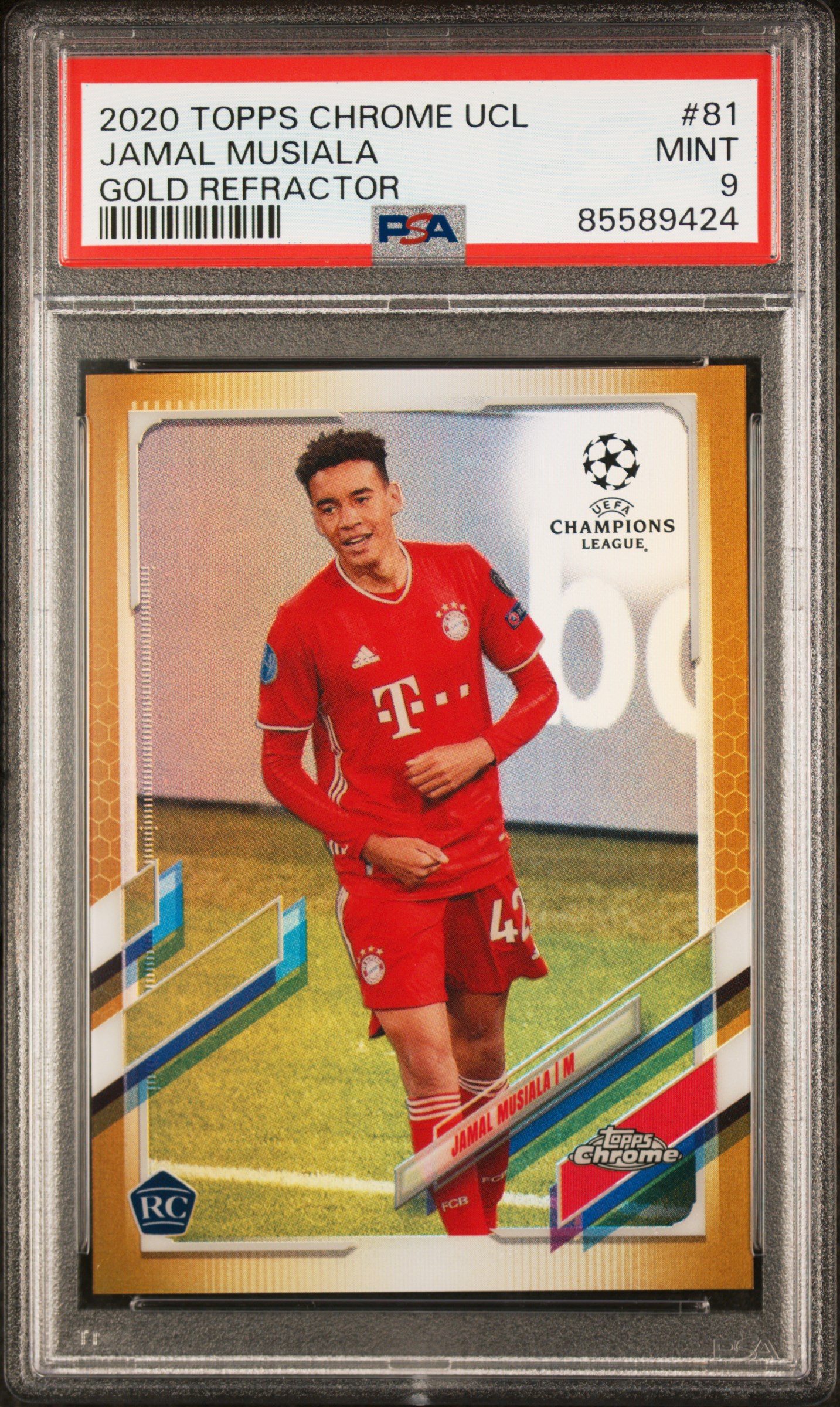 2020-21 Topps Chrome UEFA Champions League Gold Refractor #81 Jamal Musiala Rookie Card (#36/50)– PSA MINT 9