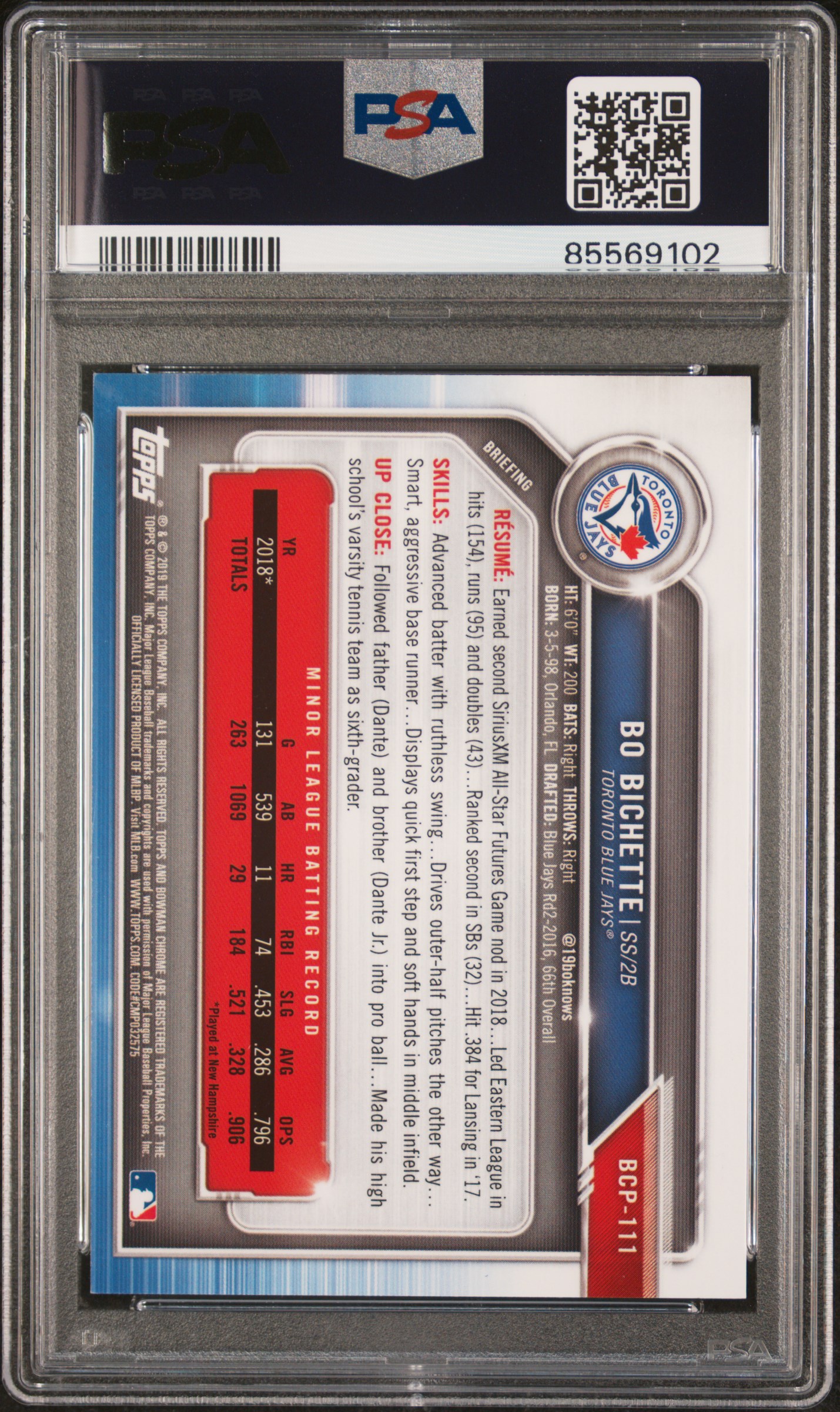 2019 Bowman Prospects Chrome Bo Bichette #111 (Pros.chrome-Gold Shmr.) Mint 9 back