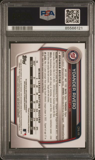 2023 Bowman Chrome Prospect Autographs Yoander Rivero #Cpayr (Prospect Auto-Green Ref) Gem Mt 10 back