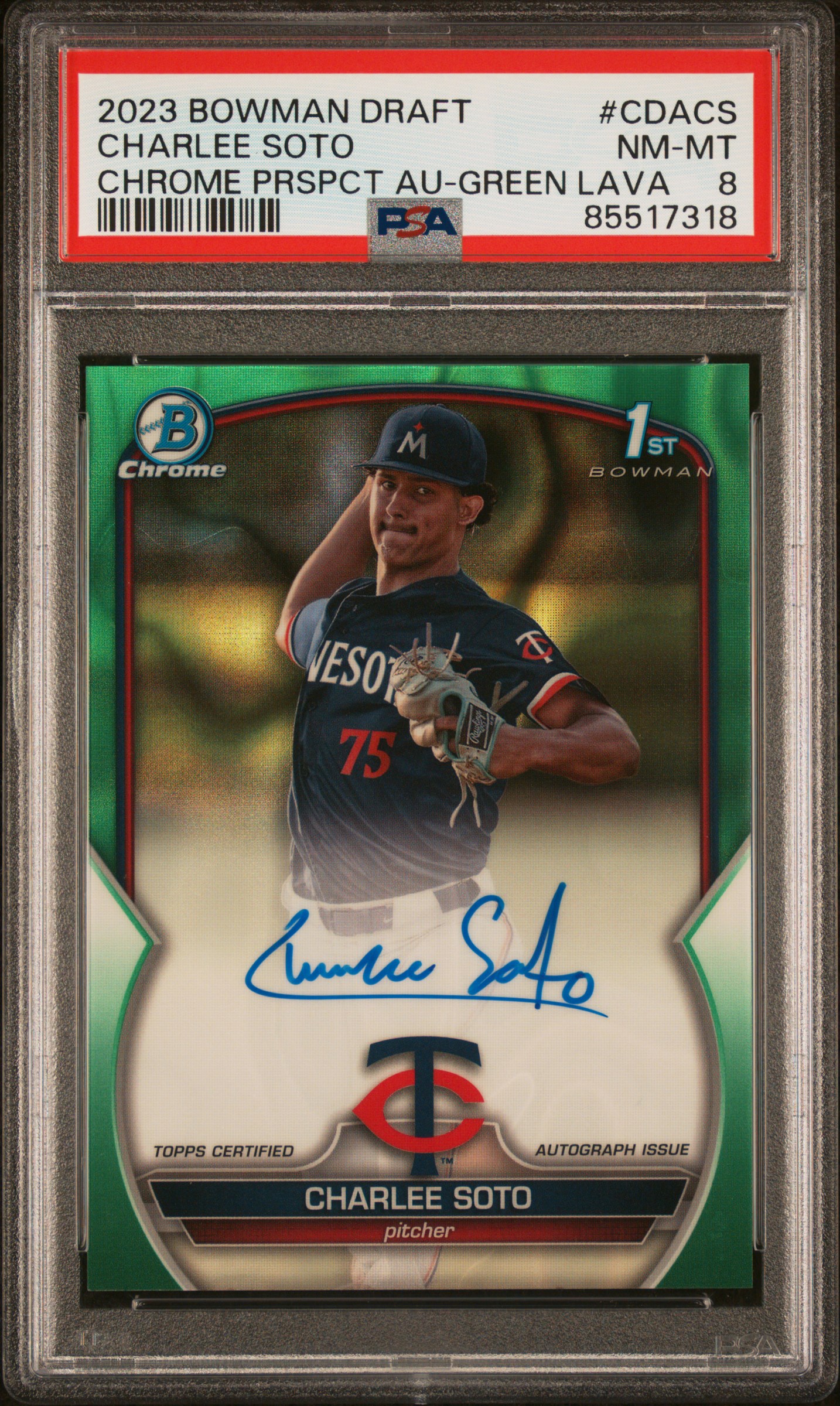 2023 BOWMAN DRAFT CHROME PROSPECT AUTOGRAPH #CDACS CHARLEE SOTO CHROME PRSPCT AU-GREEN LAVA