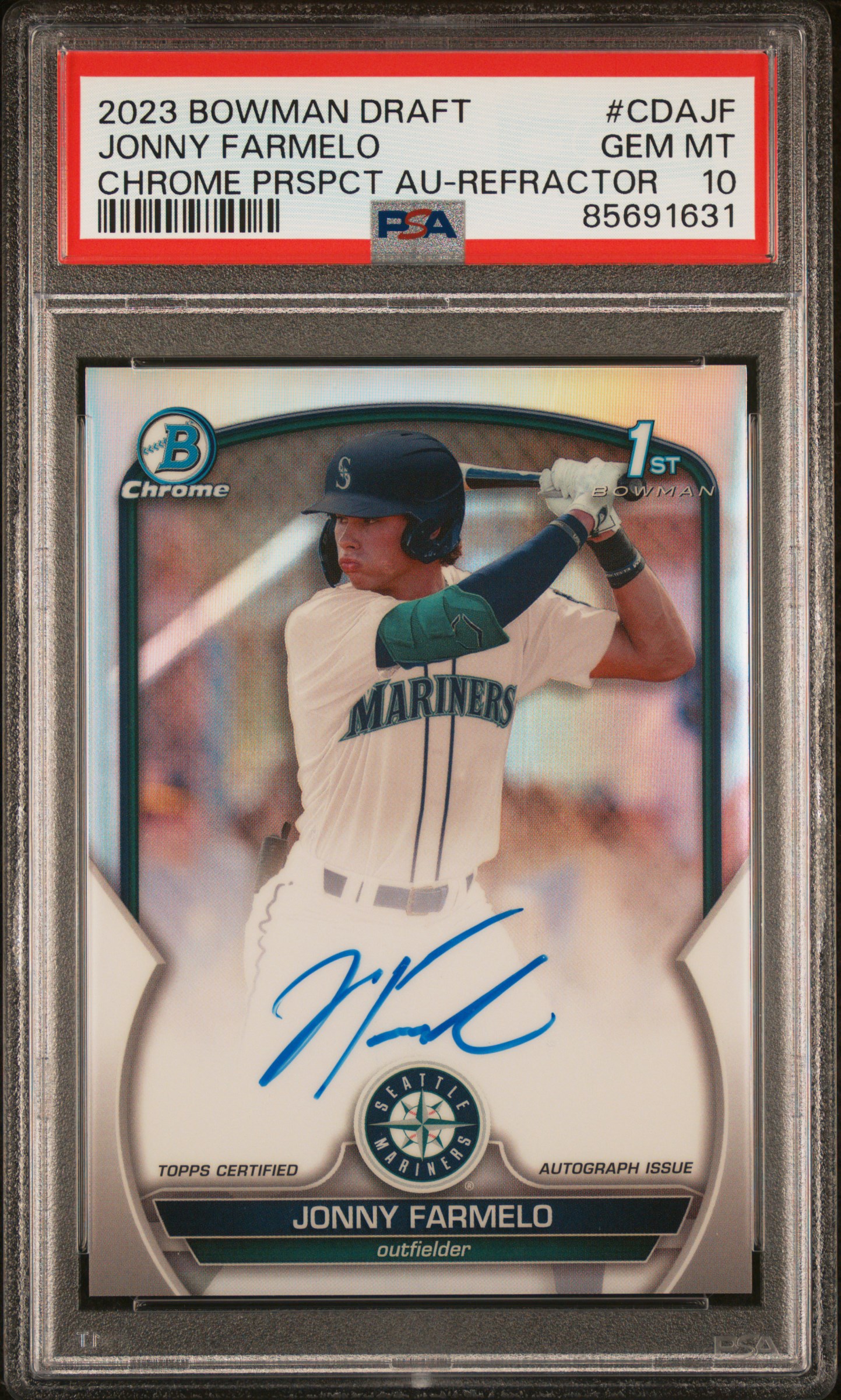 2023 Bowman Draft Chrome Prospect Autograph Refractor #CDA-JF Jonny Farmelo Signed Rookie Card (#239/499) – PSA GEM MT 10