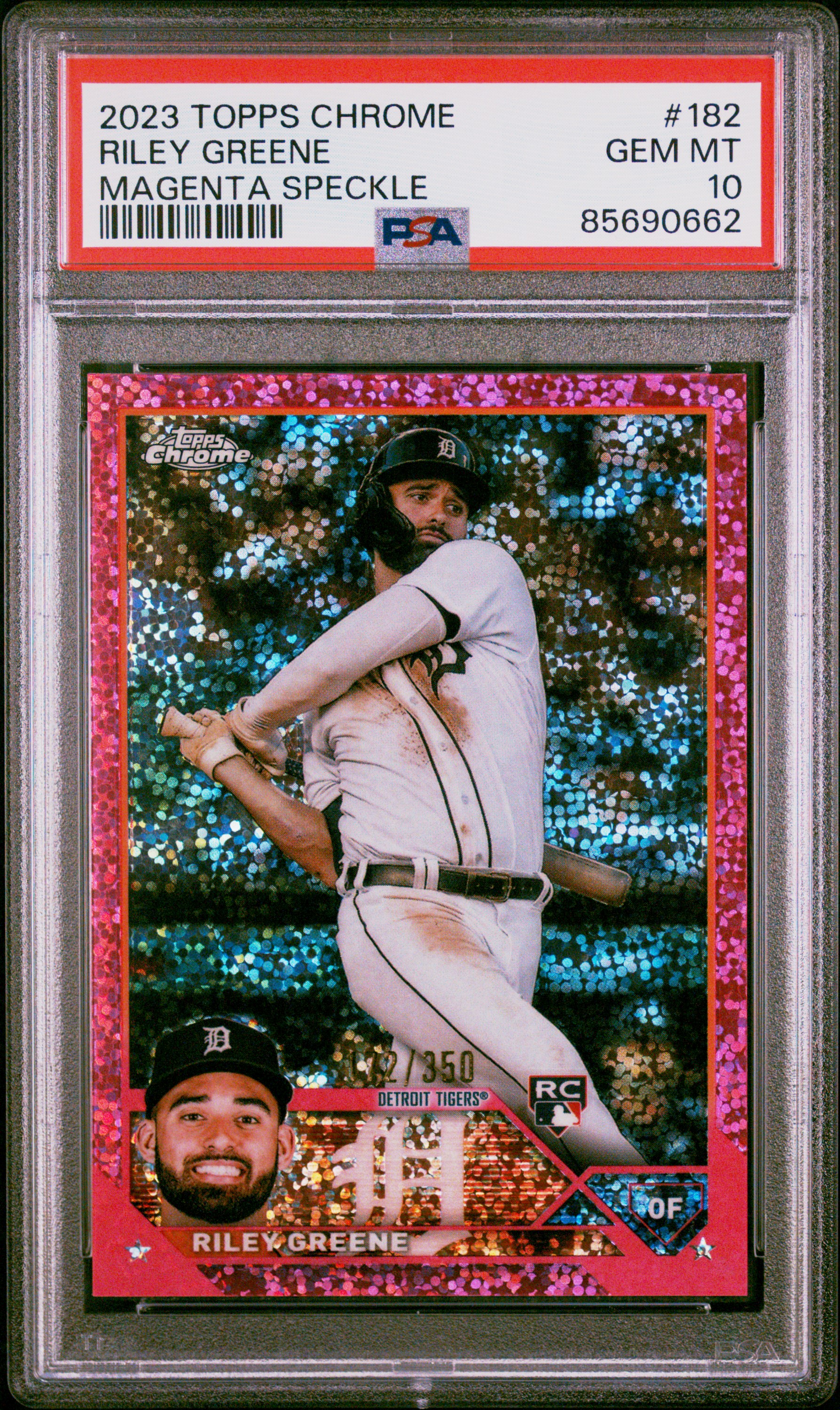 2023 Topps Chrome Magenta Speckle #182 Riley Greene Rookie Card (#172/350) – PSA GEM MT 10